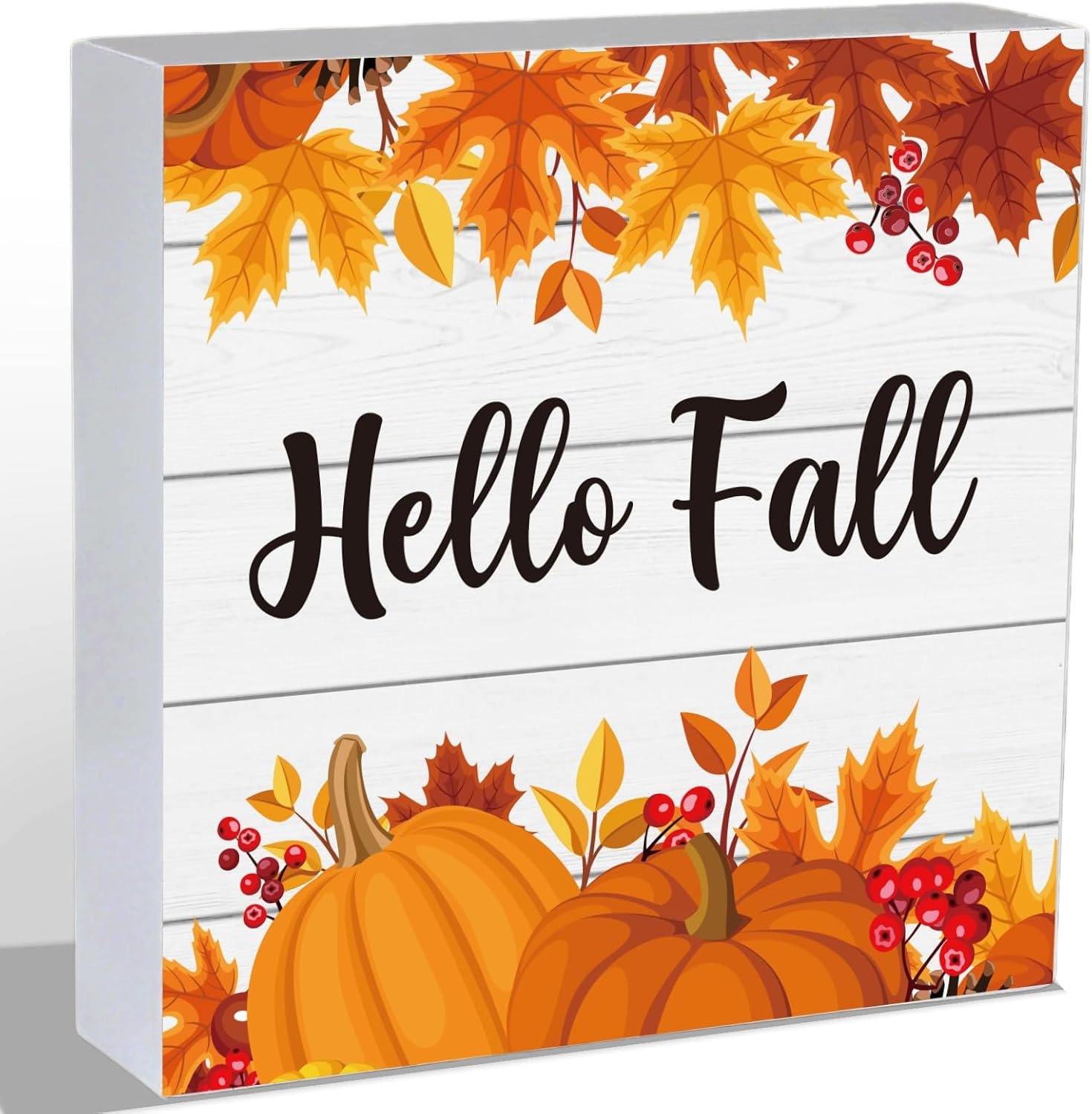 Fall Decorations for Home Fall Decor Bathroom Home Pumpkin Leaves Room Table Wood Box Sign Rustic Wooden Shelf Desk Office Decor Season Sign House Warming Gifts 5.9 x 5.9 Inch