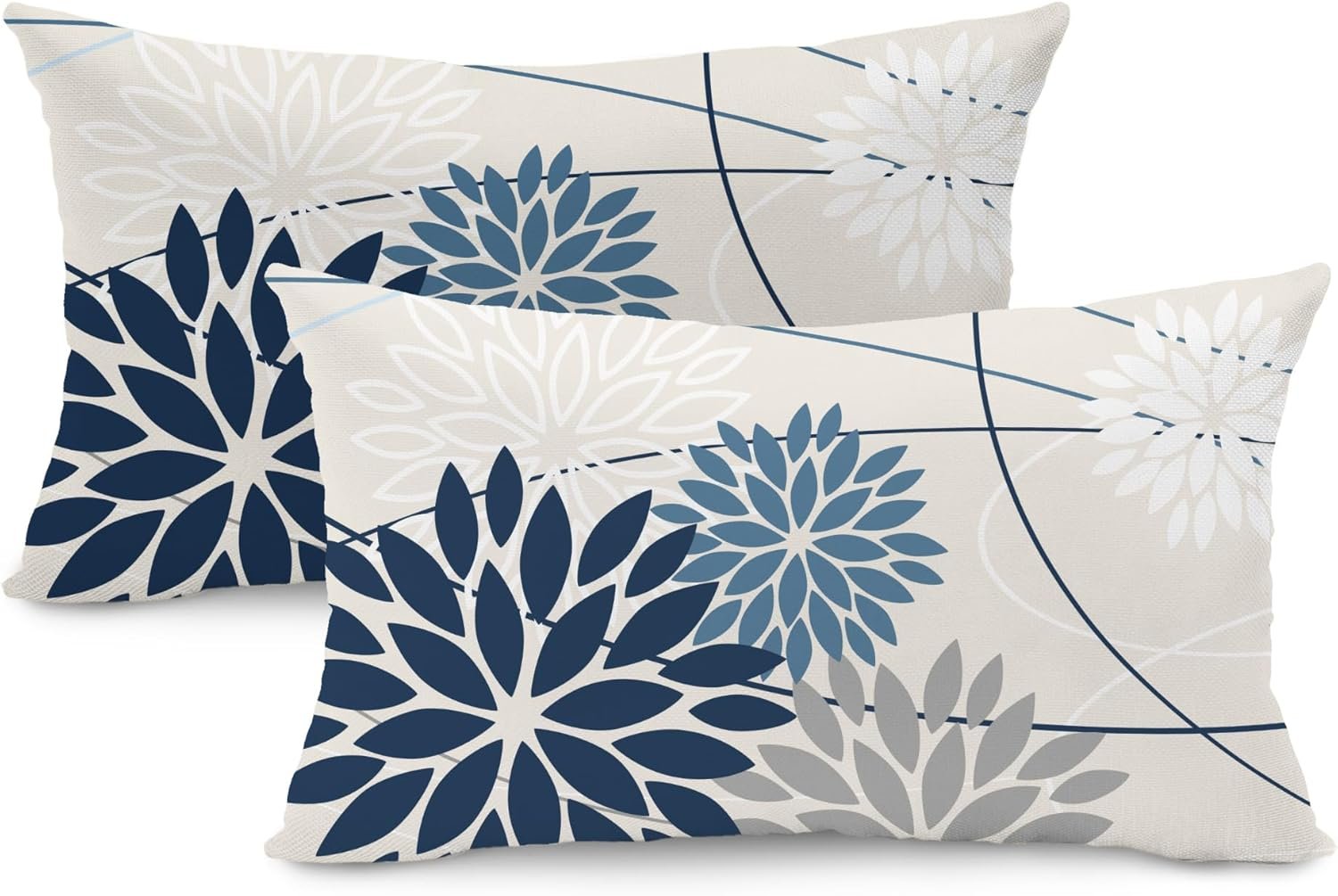 Blue and Gray Floral Pillow Covers 12×20 Set of 2 Outdoor Waterproof White Colored Decorative Throw Pillows Summer Pillowcase Polyester Cushion Case Decor for Couch Patio Funiture Garden Porch 01B12