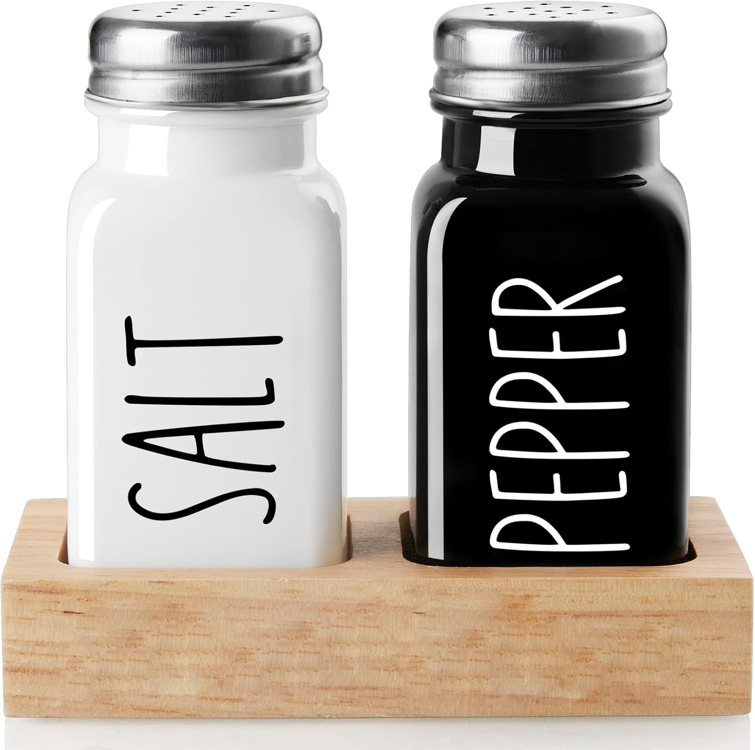 Salt and Pepper Shakers Set with Holder – Dopeca Glass Salt Shaker with Wood Caddy for Kitchen Counter or Table – Black and White Kitchen Decor and Wedding Gifts -2.7 oz
