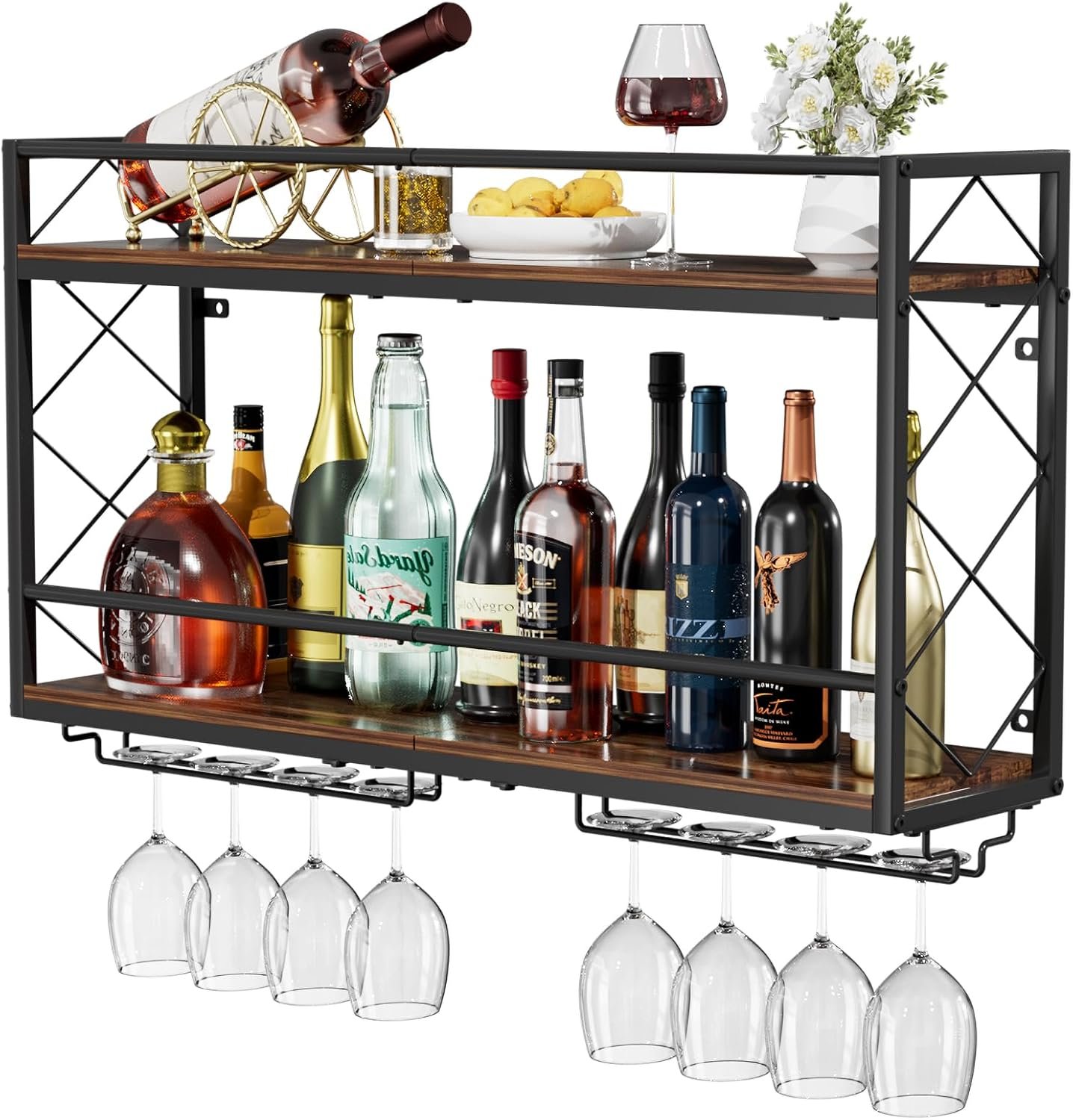 Wine Rack Wall Mounted 2 Tier Wall Wine Rack with Glass Holder, Double Layer Anti-Drop Crossbar, 31.5″ Metal Wood Wall Mount Wine Holder for Home Kitchen Dining Room Coffee Shop Bar, Black