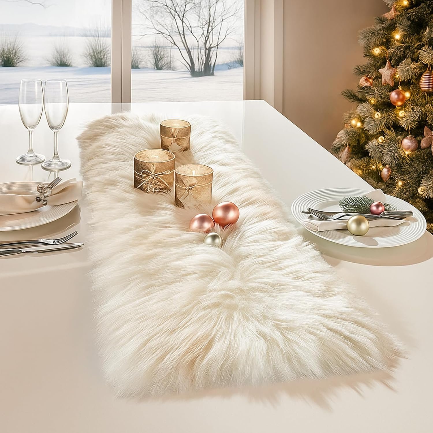 Table Runner, Thanksgiving Modern Small White Fur Table Runners for Party Birthday Christmas Friendsgiving Wedding Dinning Table, Decorative Rug Luxury Faux Fur Runner for Table(11.8×47.2inch)