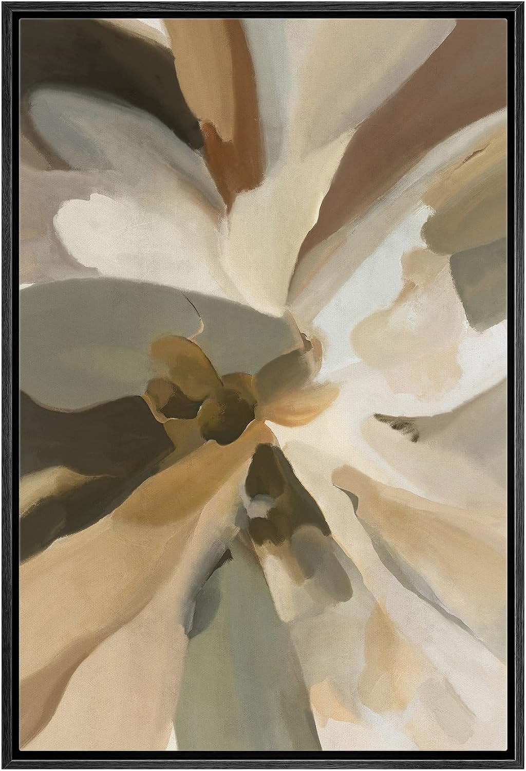 MUDECOR Framed Canvas Print Wall Art Abstract Floral Brushstroke in Warm Neutrals Earthy Tones Illustrations Minimalism Decorative Relax Colorful for Living Room, Bedroom, Office – 16″x24″ Black