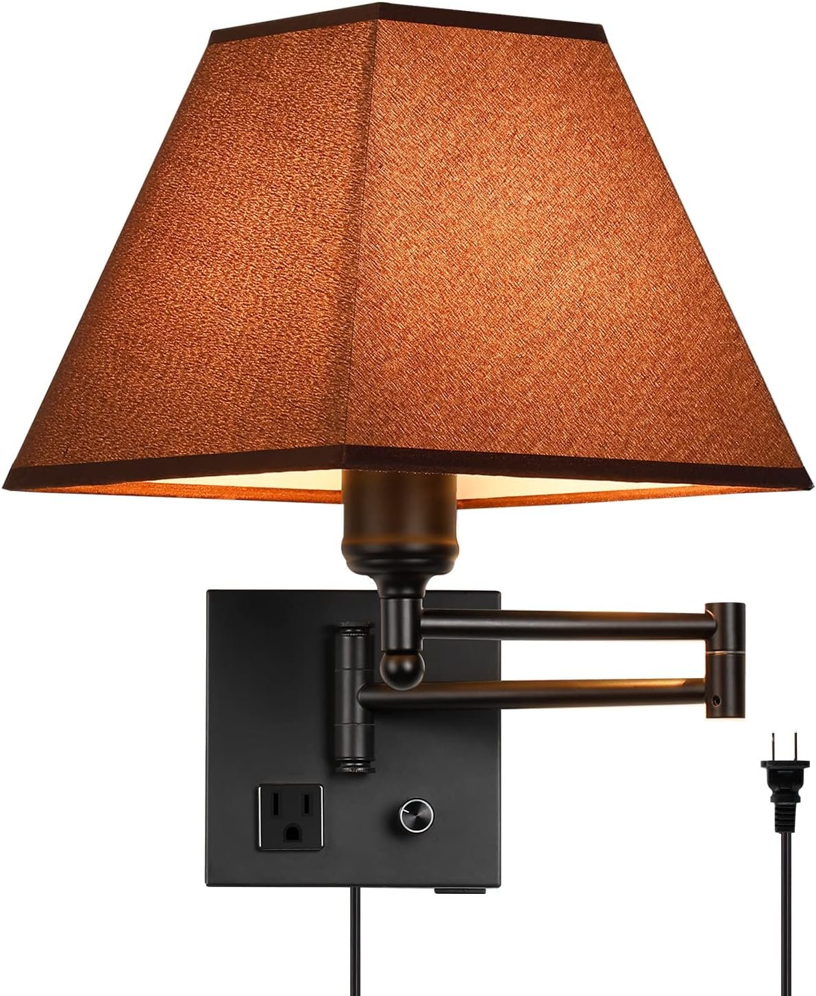 Swing Arm Wall Lamp.Plug in Wall Sconces with USB Port and AC Outlet.Sconces Wall Lighting Coffee Fabric Shade with Dimmable Switch for Hallway Bedroom Living Room.Black Finish.