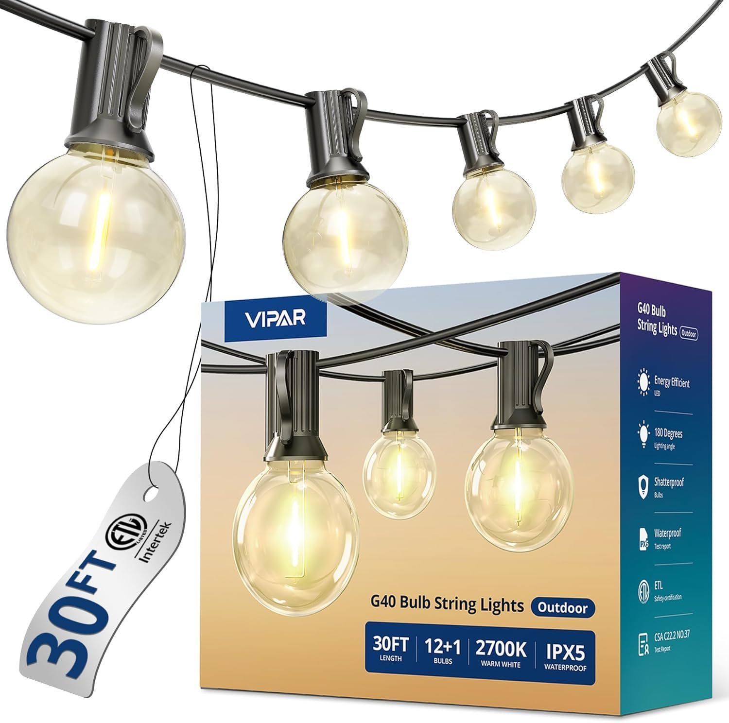 VIPAR Outdoor String Lights,30FT 13 G40 Patio Lights Waterproof for Balcony | Vintage LED Edison Bulbs,Connectable, Shatterproof,Waterproof,2700K Dimmable,Plug-in,for Backyard Porch Garden Deck Bistro