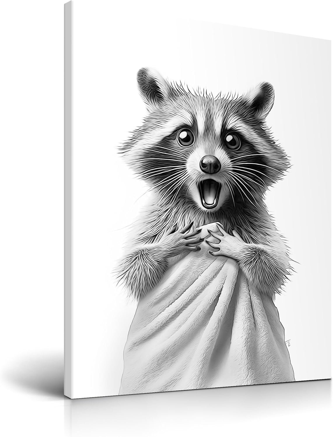 HesenDot 12x16in Raccoon Wrapped in Towel Funny Framed Bathroom Wall Art | Wrapped Canvas Wood Frame, Black and White Raccoon Poster Print, Humorous Kid Room Restroom Toilet Nursery Home Wall Décor