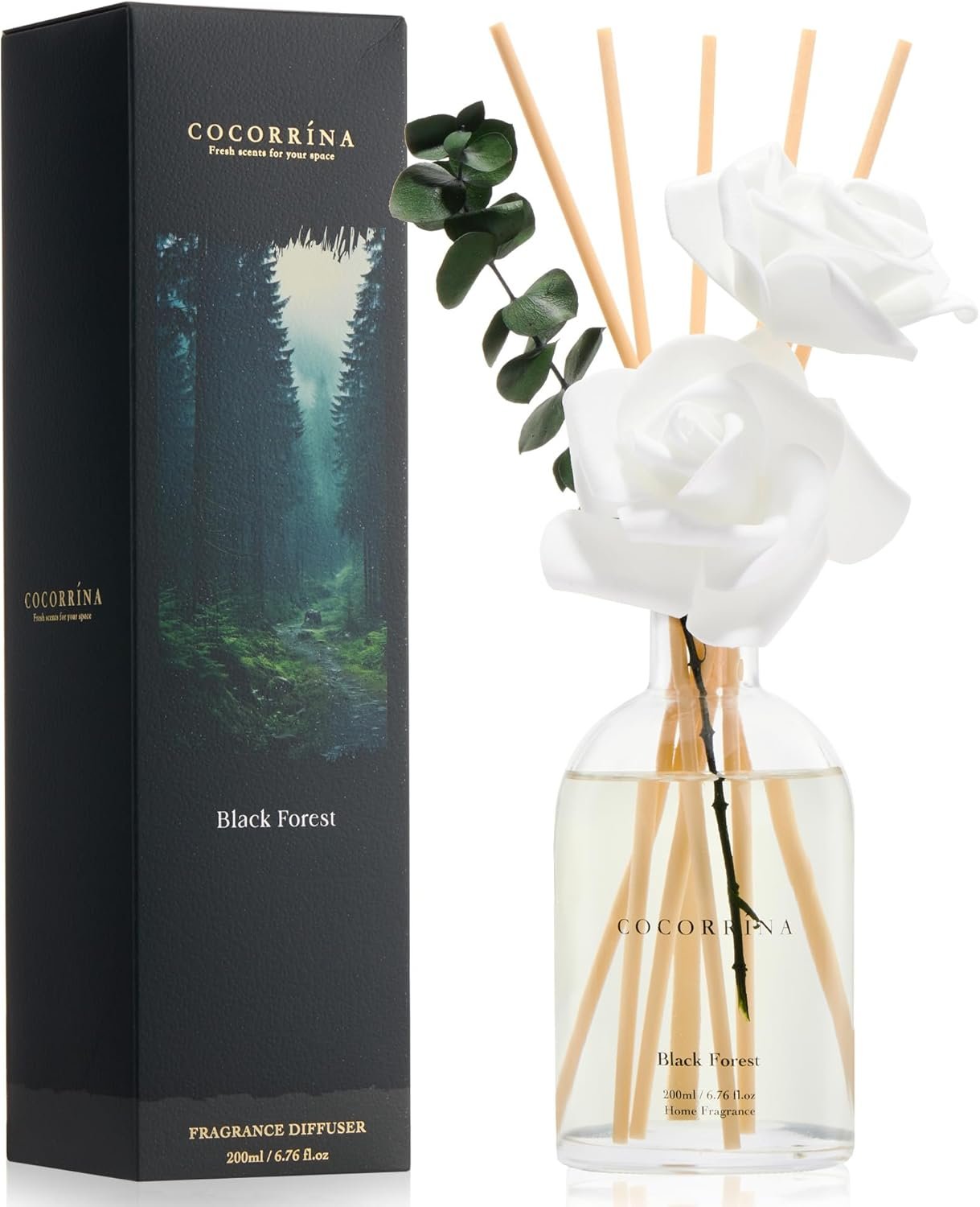 COCORRÍNA Reed Diffuser – Black Forest Scent, 6.76 fl oz Essential Oil with 8 Reed Sticks – Home Fragrance for Bedroom Bathroom Shelf Décor