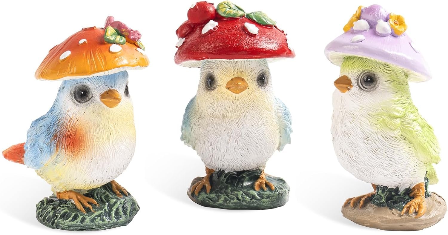 Set of 3 Mushroom Bird Figurines, Cute Resin Small Garden Statues, Outdoor Fairy Garden Accessories Patio Yard Lawn Decor, Indoor Flower Plant Pots Table Shelf Decorations for Home