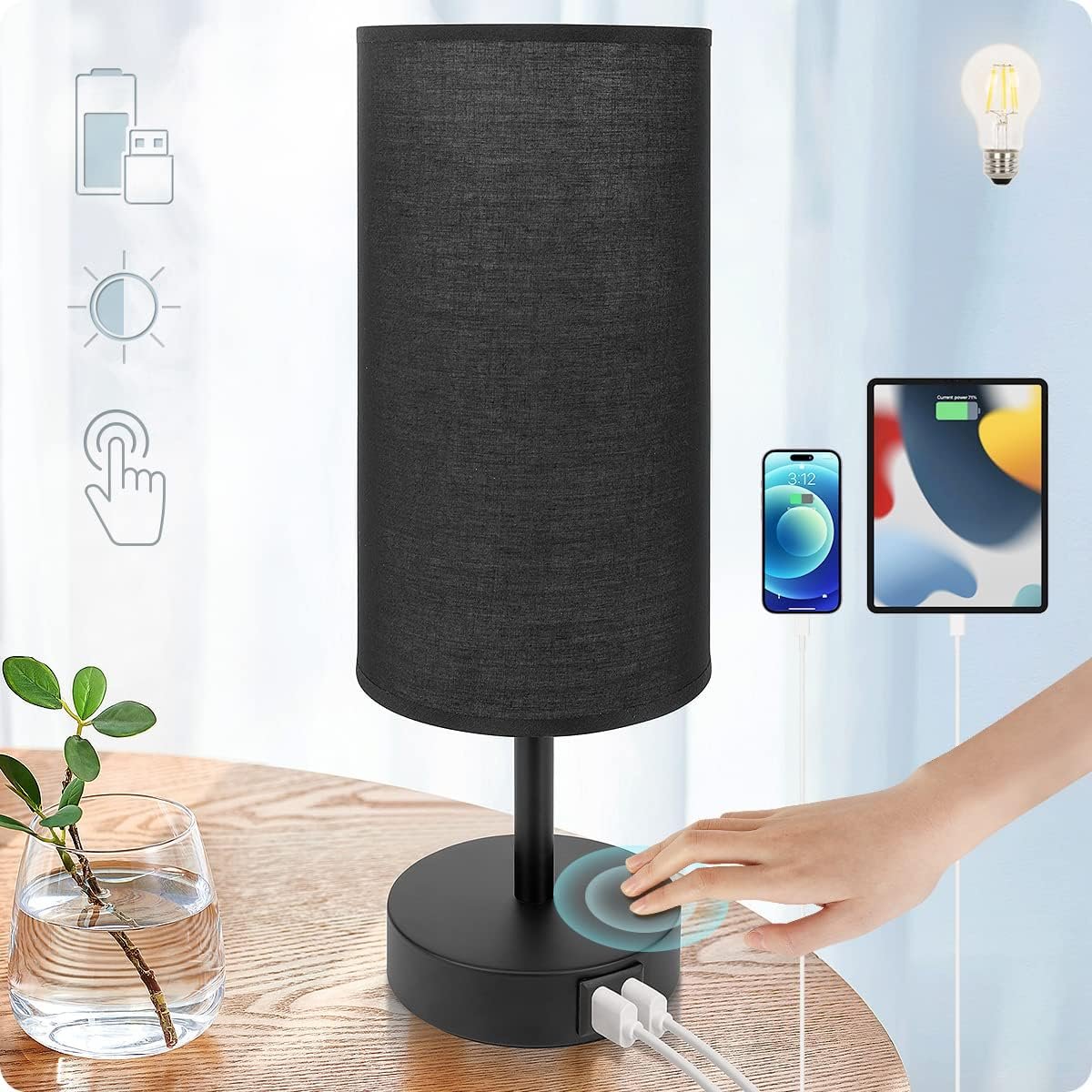 Yarra-Decor Bedside Lamp with USB Port – Touch Control Table Lamp for Bedroom 3 Way Dimmable Nightstand Lamp with Round Black Fabric Shade for Living Room, Dorm, Home Office (LED Bulb Included)