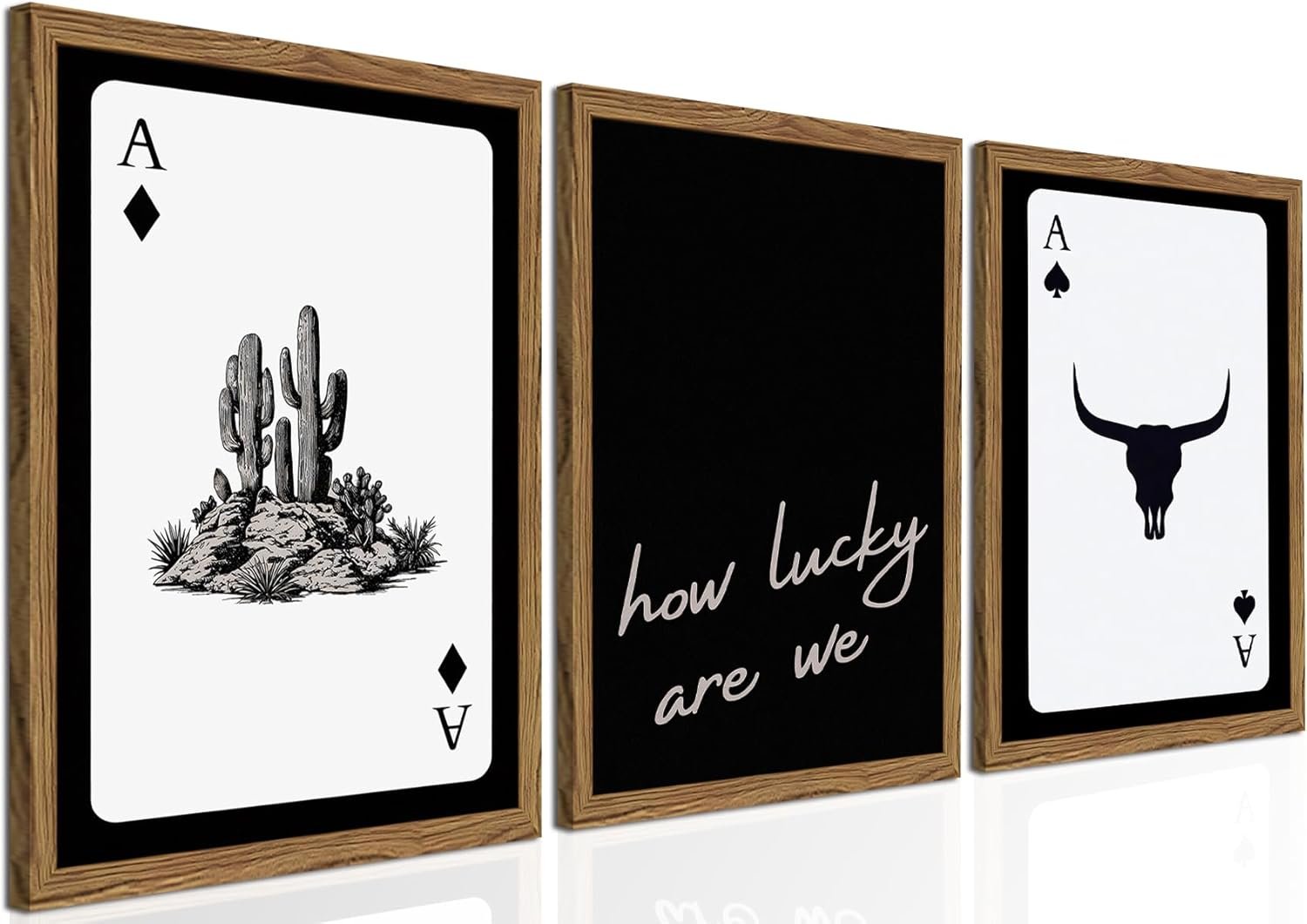 Western Wall Art Set of 3, Southwestern Cowboy Playing Card Wall Decor, Longhorn Bull Skull and How Lucky are We Poster Canvas Painting Prints for Bedroom Living Room 12×16 inch Wood Framed
