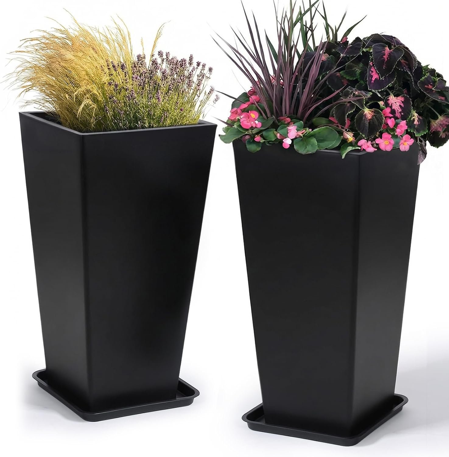 PASAMIC Tall Planters 30 Inch Set of 2, Outdoor Large Planters, Weather Resistant Planter for Outdoor & Indoor Plants, Flower Pots with Drainage Holes, Ideal for Front Porch, Patio, Balcony, Black
