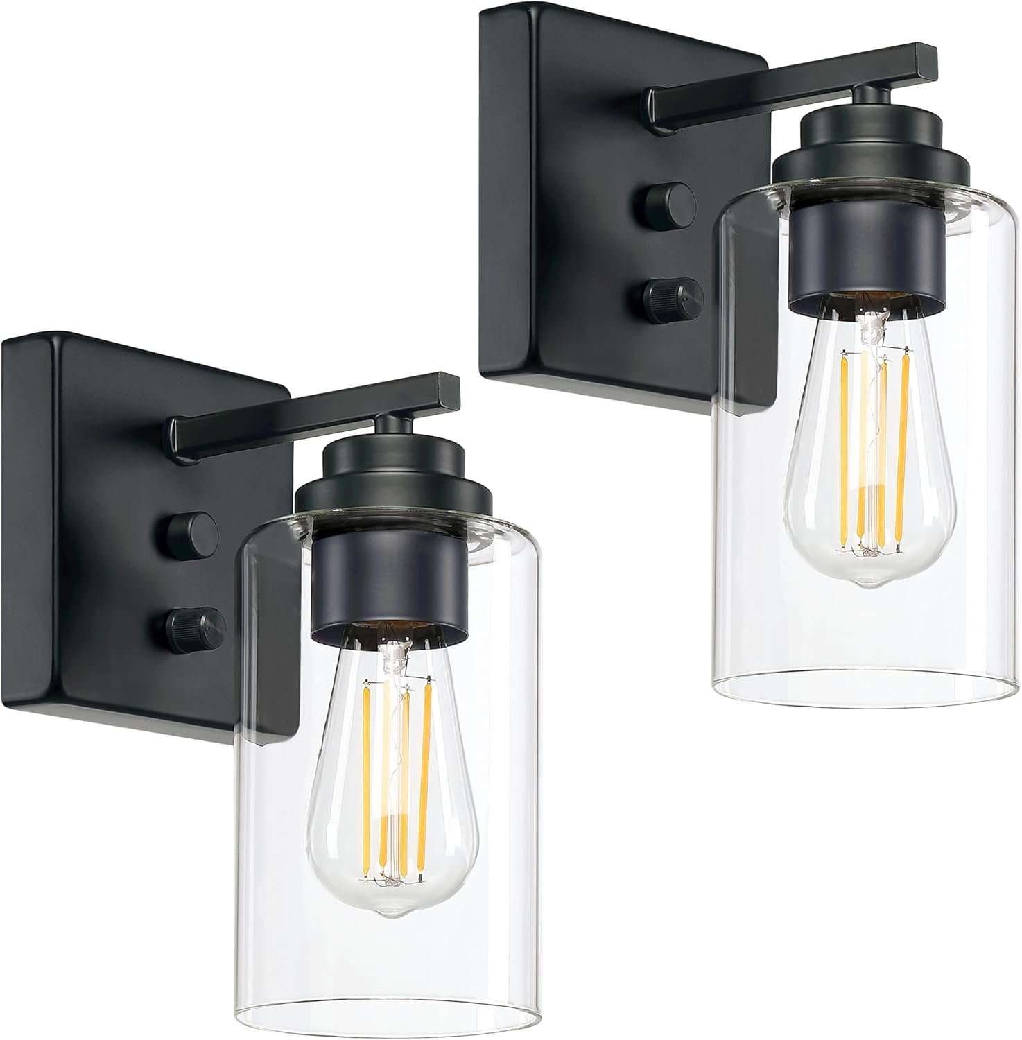 Loyareal Wall Sconces Set of Two, Wall Mounted Bedside Lamps with Rotary Switch, Matte Black Sconces Wall Lighting, Bathroom Light Fixtures with Clear Glass Shade, Wall Lights for Bedroom Living Room