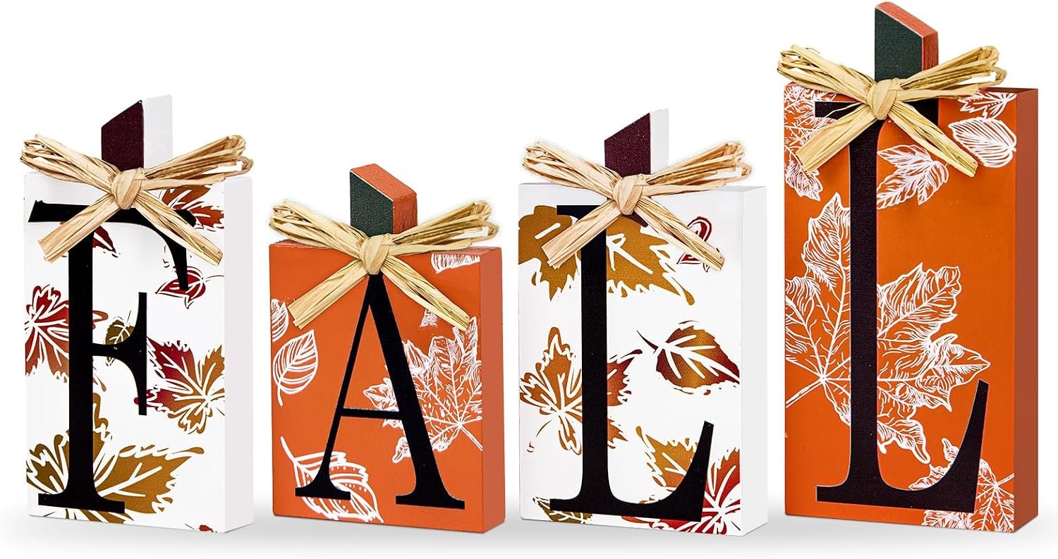 Fall Decorations for Home, Autumn Thanksgiving Decor, 4 Pcs Farmhouse Wooden Sign, Fall Decor for Home Tiered Tray Table Shelf Mantel Office Desk