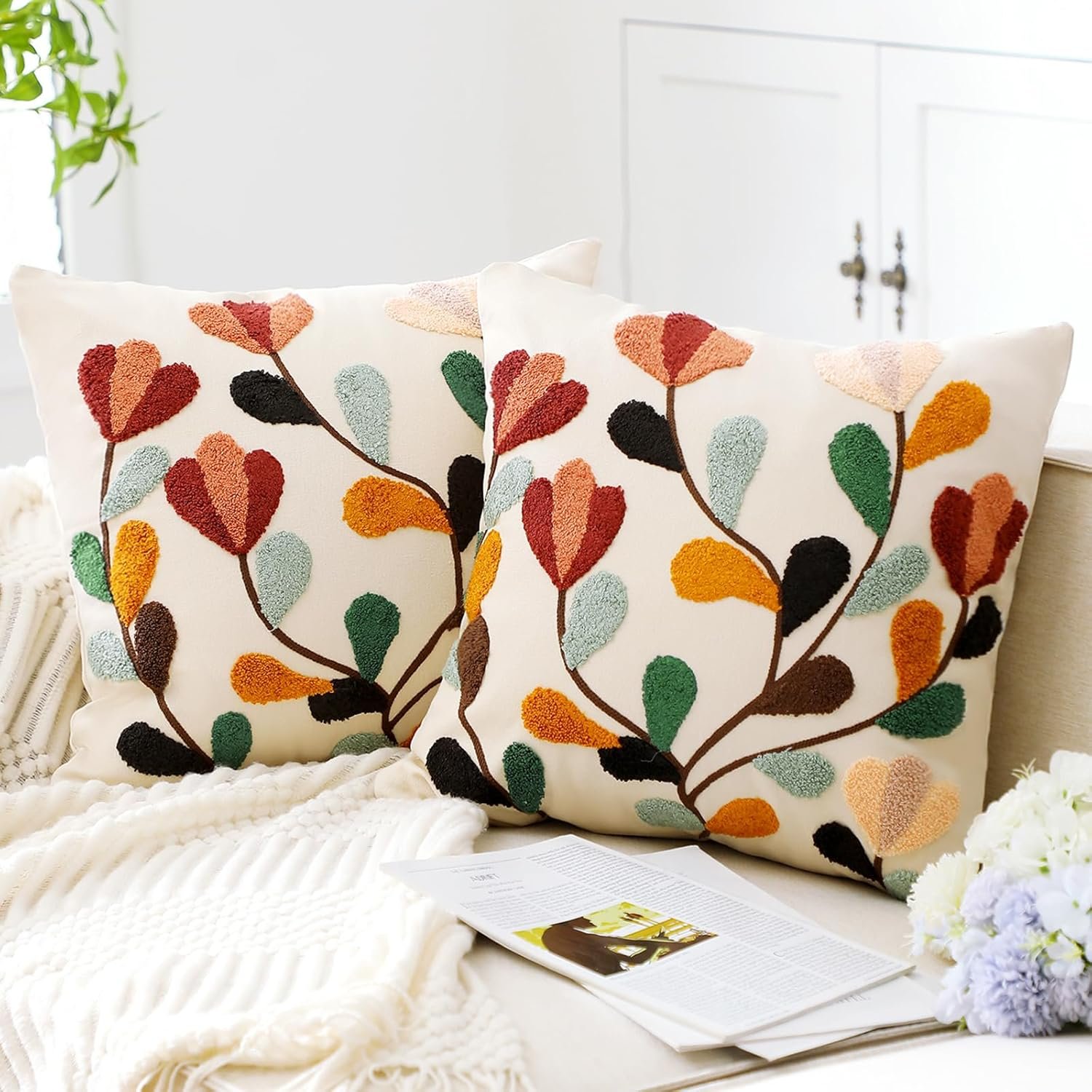 FuWeave 2 Pcs Boho Floral Throw Pillow Covers with Zipper 18 x 18 Inch Spring Fall Colorful Boho Embroidered Decorative Pillow Covers Aesthetic Decor for Couch Sofa Housewarming Gifts