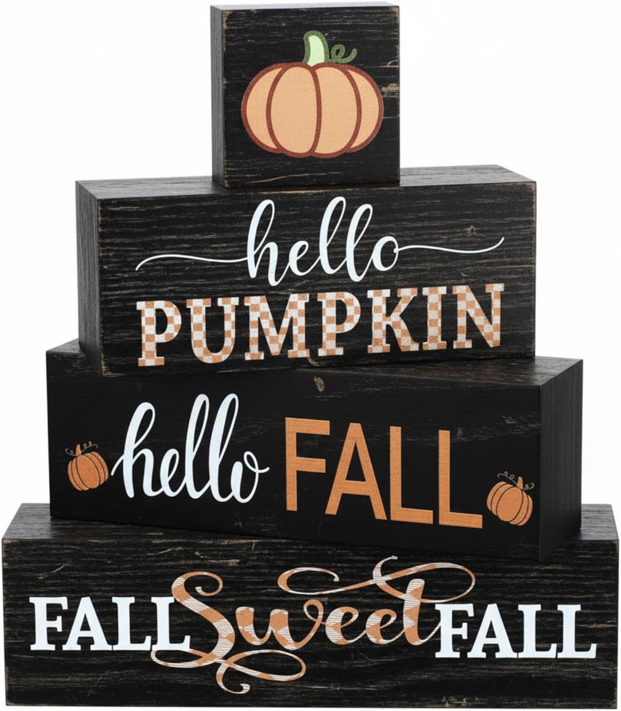 Yousoontic 4 Pcs Fall Decor for Home Pumpkin Wooden Sign Hello Fall Tiered Tray Decor with Embedded Magnets Large Autumn Table Blocks Gifts for Thanksgiving Office Kitchen Shelf