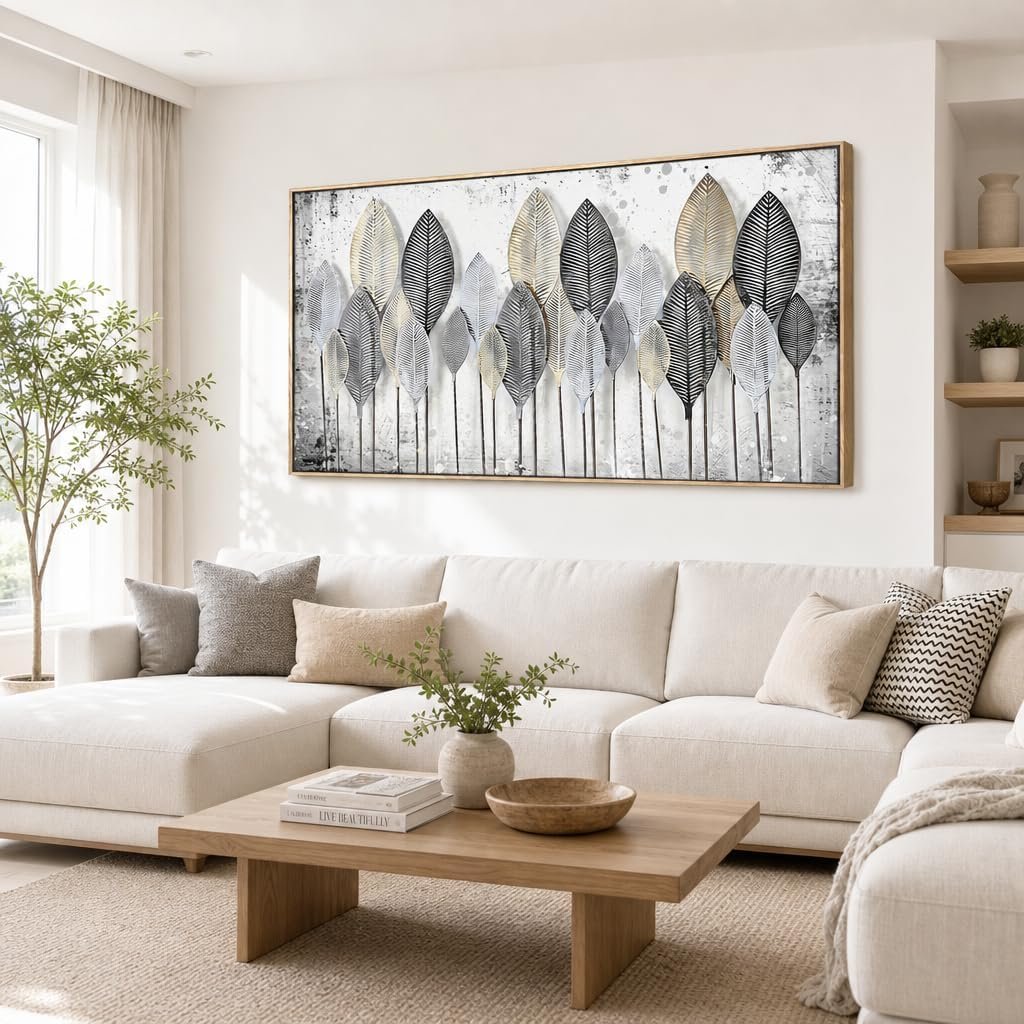 Gold Leaf Canvas Wall Art 20×40 Inch – Black White Abstract Nature Landscape Framed Print for Living Room Bedroom