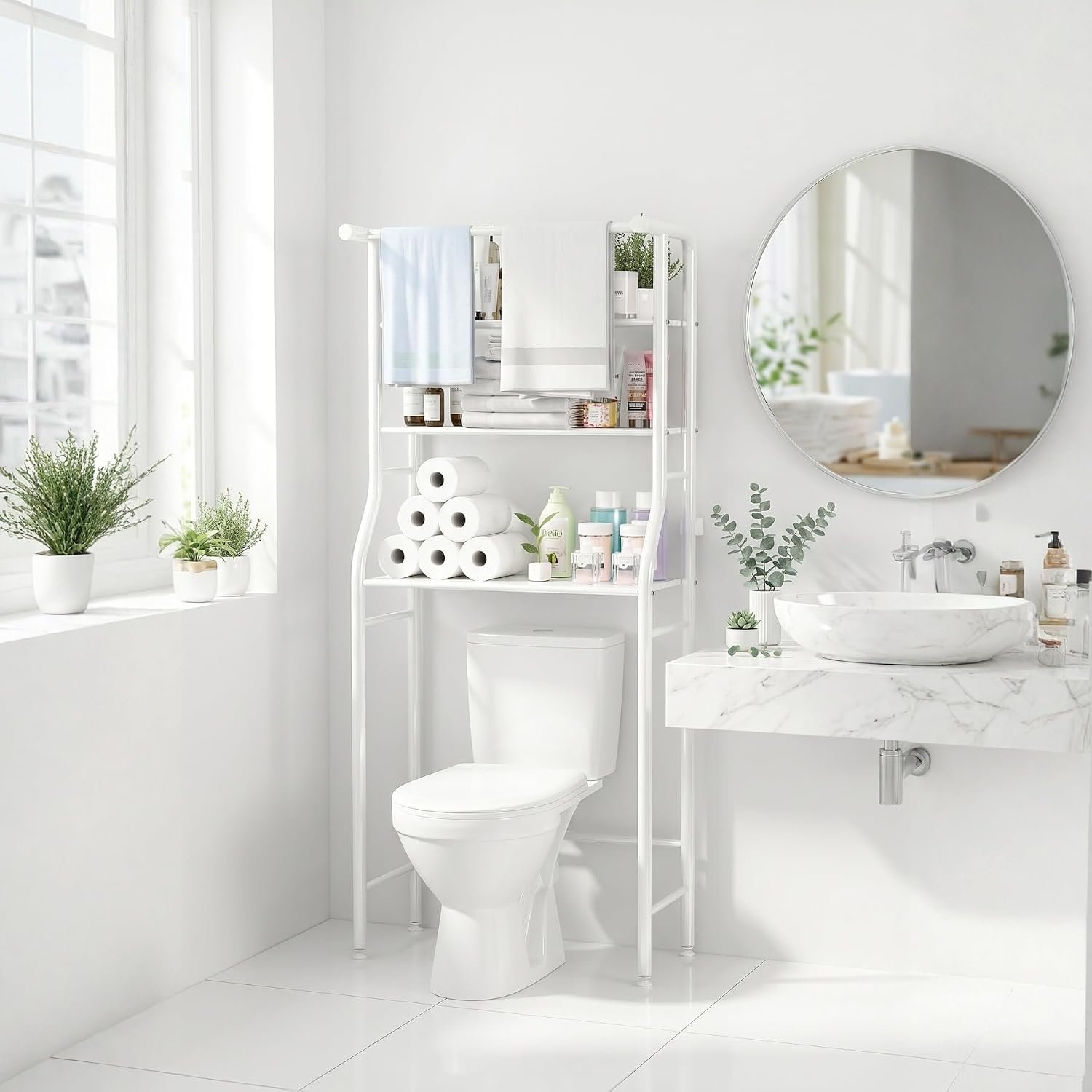 UDEAR 3-Tier Over The Toilet Rack,Bathroom Shelf Space Saver,Corner Stand Storage Organizer Accessories,the Washing Machine,with Hanging Rod,Tower Shelf,White