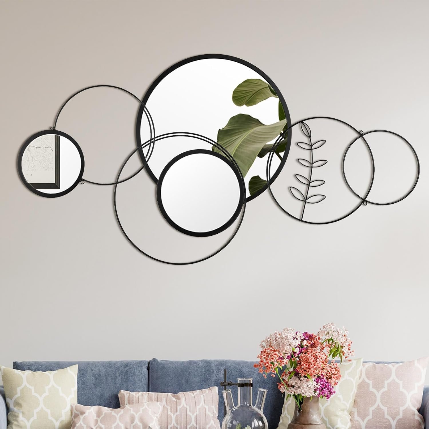 Hicarer 4 Pcs Wall Mirror Decoration Round Mordern Wall Mirror Decor Set 41.34” x 17.72” Metal Overlapping Mirrors Decorations for Home Living Room Entryway Office Bedroom(Black)