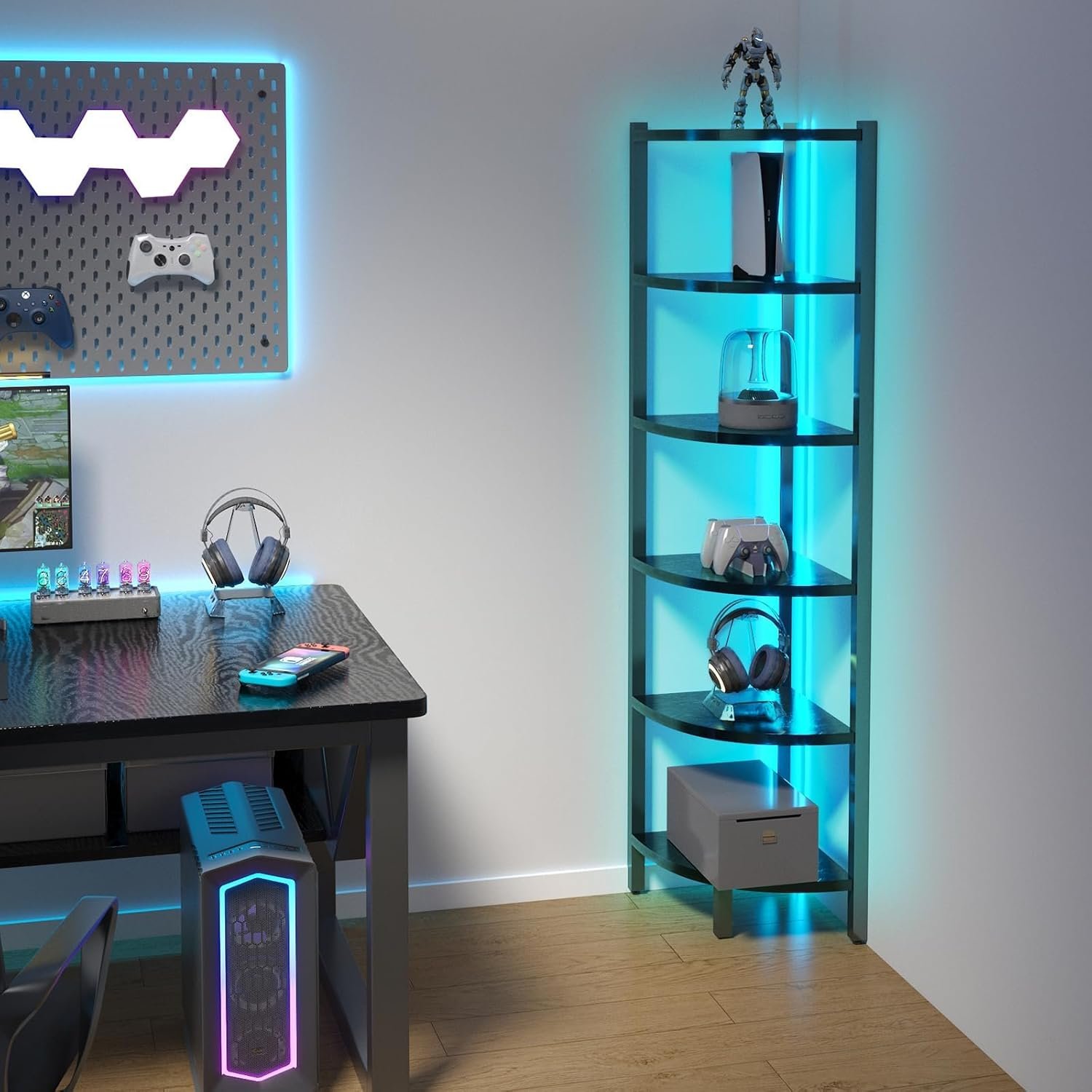 Corner Shelf with LED Lights, 6-Tier Corner Bookshelf, 66” Organizer Book Shelf Shelves Steel Frame Display Stand with Living Room, Bedroom, Study, Black