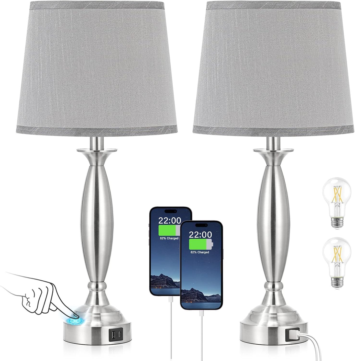Seealle Touch Bedside Lamps for Nightstand Set of 2 – Bedroom Lamps with USB C+A, 3 Way Dimmable Nightstand Lamps, Brushed Nickel Table Lamps for Living Room (Bulbs Included)
