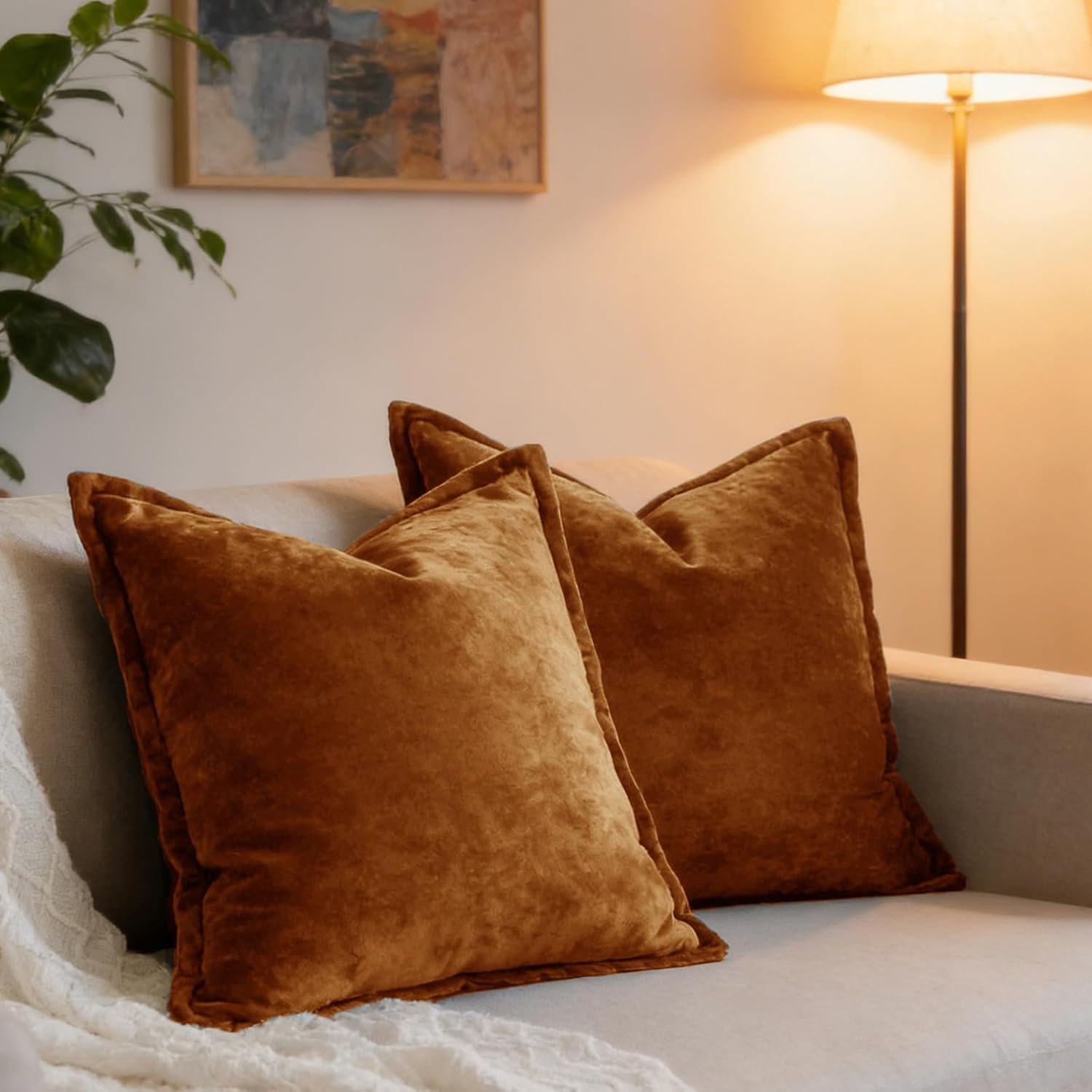 Luxurious Velvet Throw Pillow Covers 20×20 Set of 2 Decorative Pillow Covers Solid Square Cushion Case for Sofa Couch Bedroom Farmhouse, Caramel