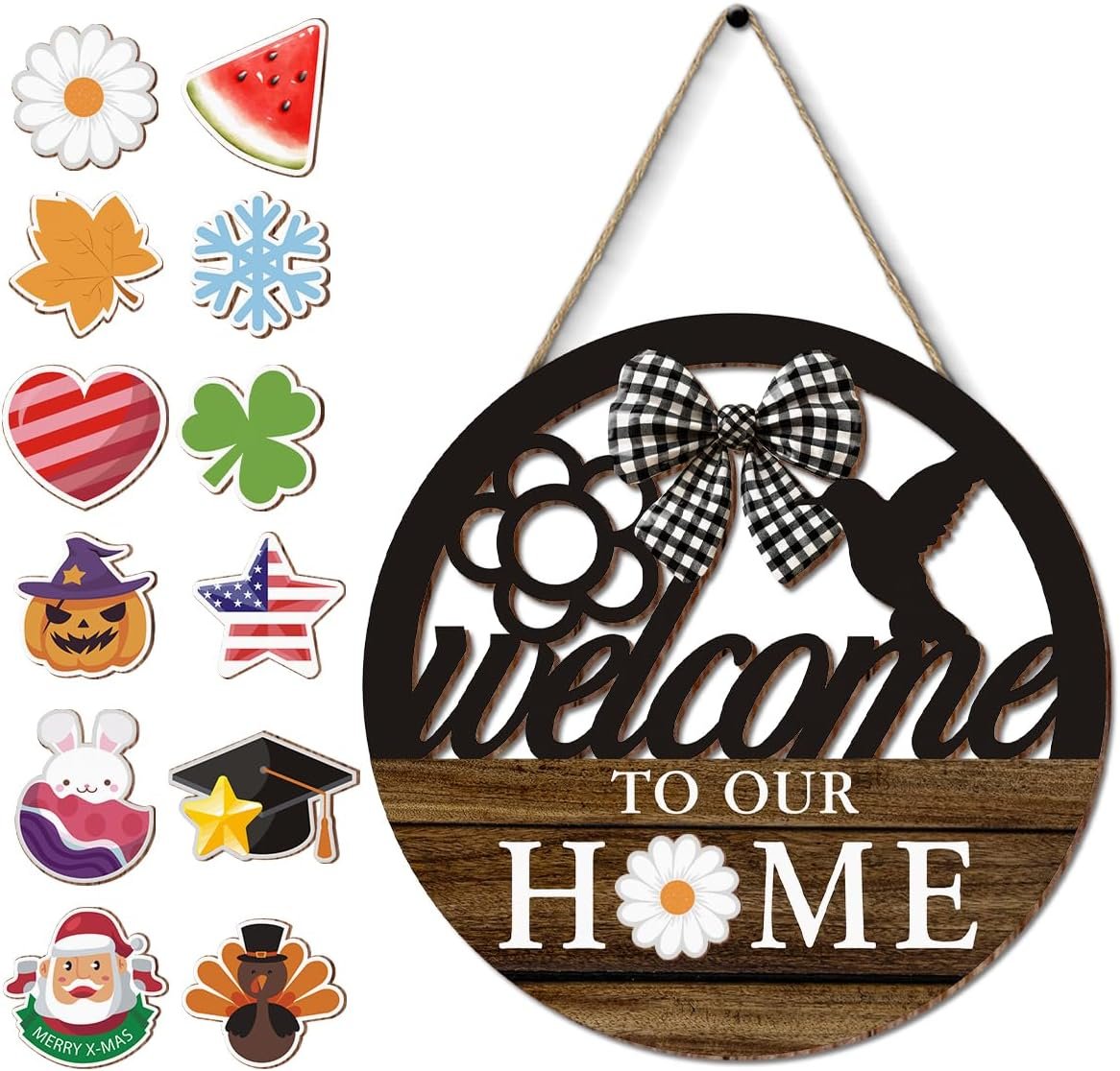 Interchangeable Spring Seasonal Welcome Hanging Sign – Farmhouse Front Door Decoration for Holidays – Rustic Round Wood Wreaths with 12 Icons – 11.8×11.8 Inches