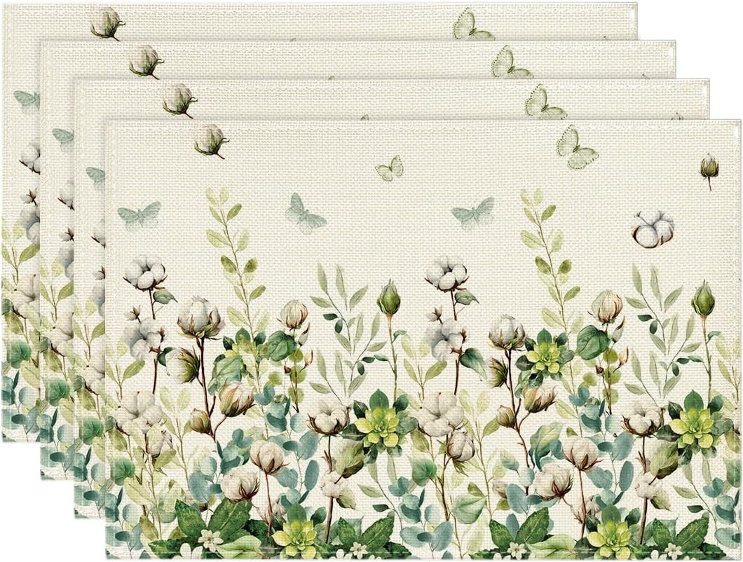 Artoid Mode Cotton Plant Leaf Butterfly Spring Placemats Set of 4, 12×18 Inch Seasonal Summer Holiday Table Mats for Party Kitchen Dining Decoration