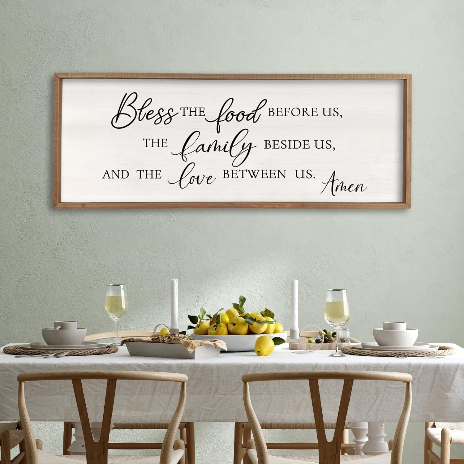 Surfapans Bless the Food Before Us Wall Decor, 40″X15″ Farmhouse Dining Room Family Kitchen Sign, Christian Bible Verse Scripture Vintage Home Framed Wood Wall Art(Wood White)
