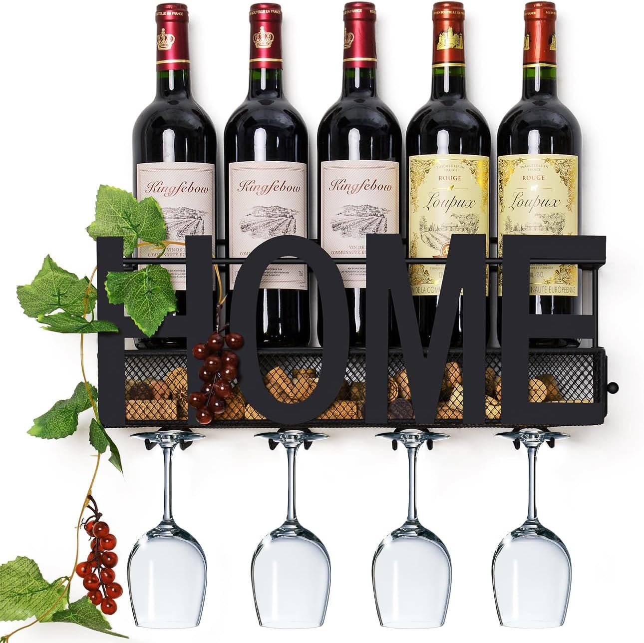 Wall Mounted Metal Wine Rack – Wine Rack Wall Mount Wine Bottle Holder 4 Long Stem Glass Holder & Wine Cork Storage Home