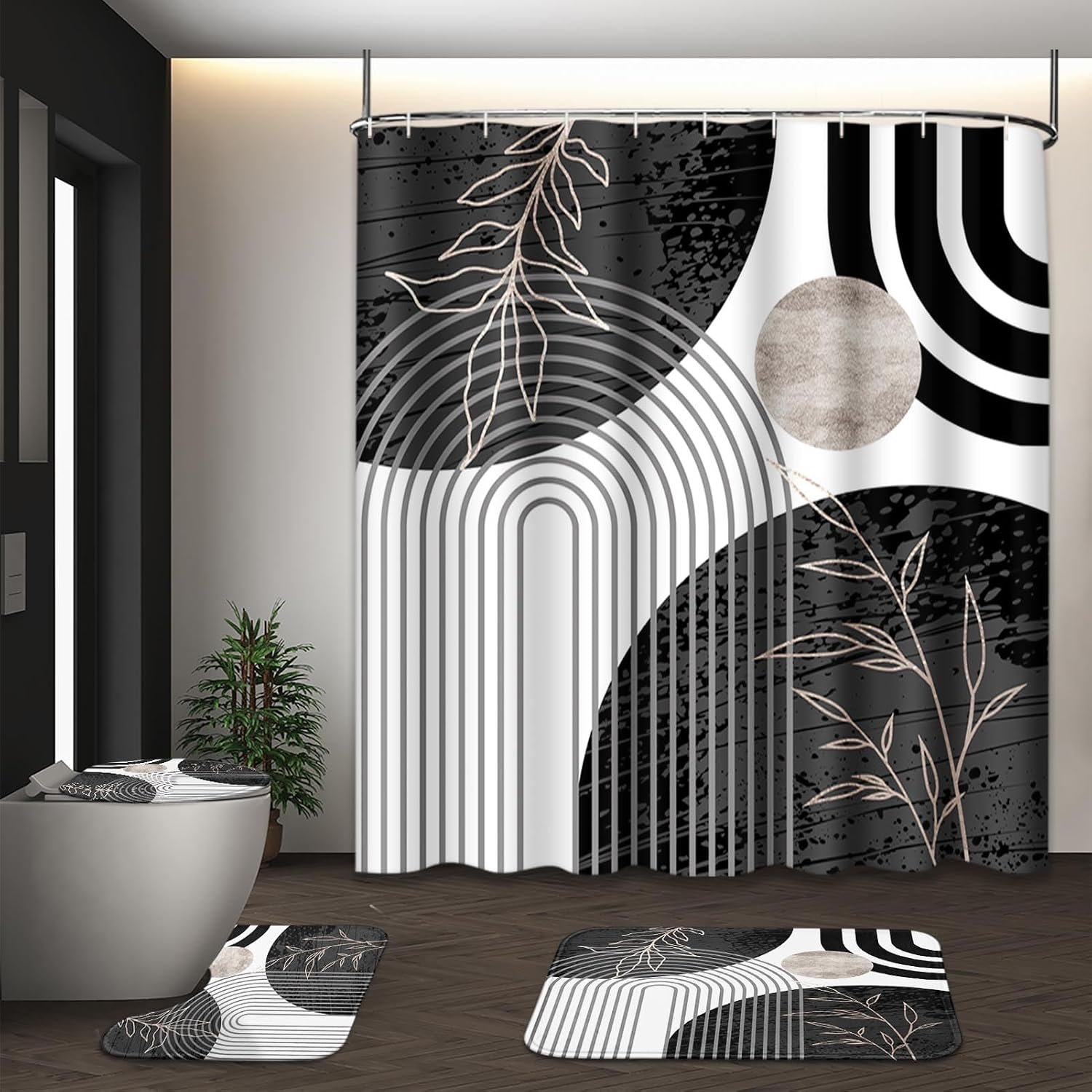 Black and Grey Boho Mid Century Shower Curtain Set with Toilet Lid Cover and Non-Slip Rugs, Abstract Geometric 4 Pcs Modern Minimalist Vintage Shower Curtain for Bathroom Set with 12 Hooks