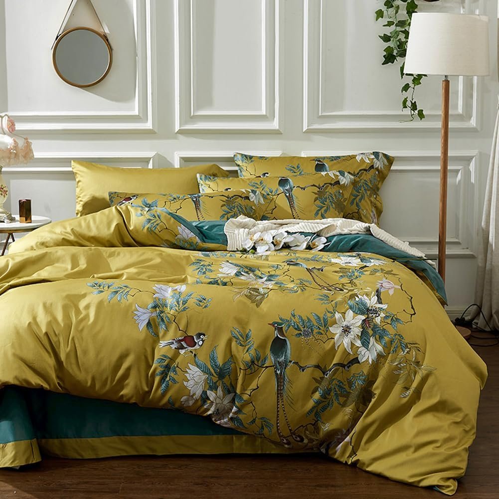 mixinni Duvet Cover Set King Size Bird Flower Pattern Soft Long Staple Cotton Floral Bedding Comforter Cover Set with Zipper Ties for Women and Men, Ultra Soft, Breathable, Easy Care-King Size