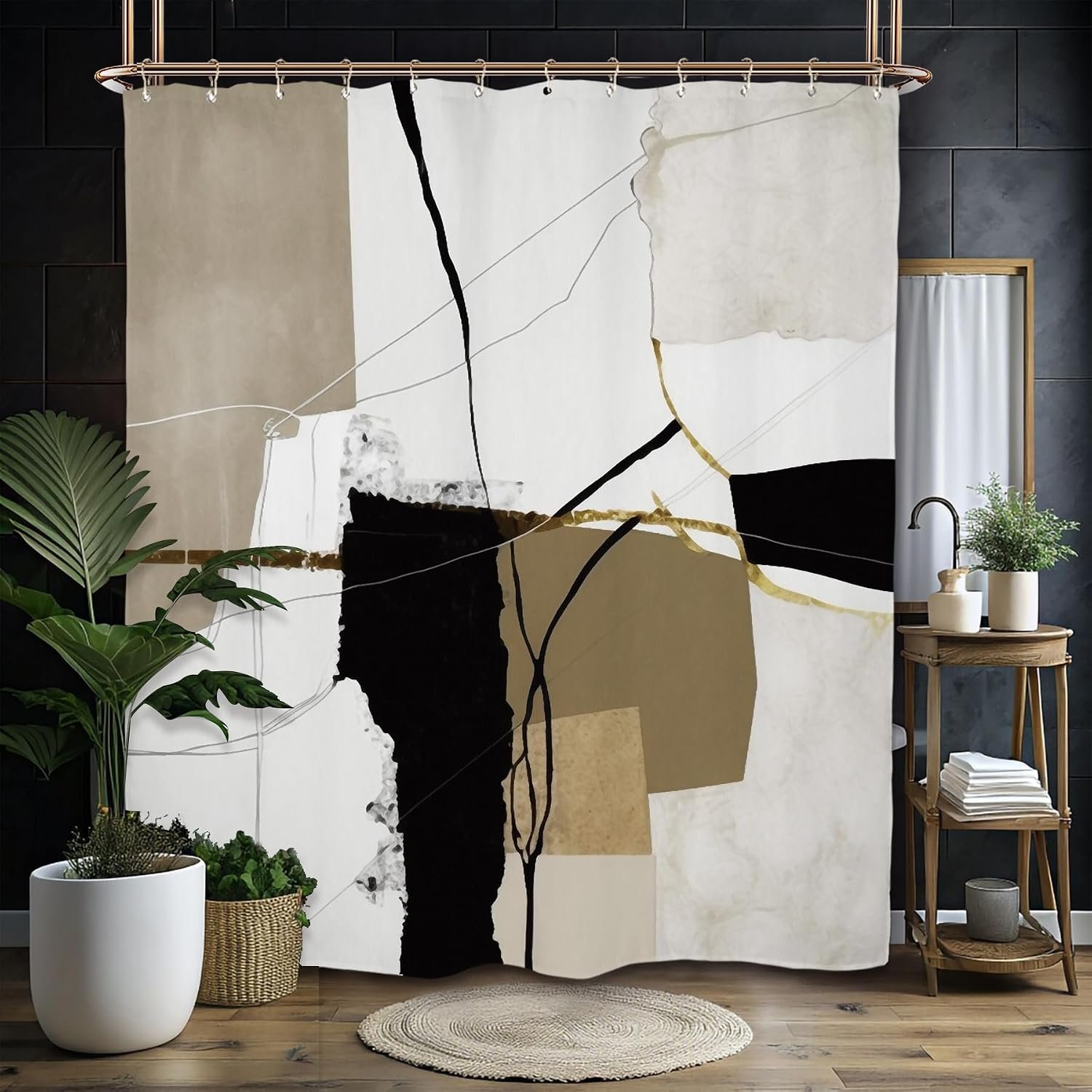 Miyotaa Abstract Modern Minimalist Shower Curtain Set 60Wx71H Inches Contemporary Neutral Simple Tan Black Art Waterproof Bathroom Curtain with 12 Hooks