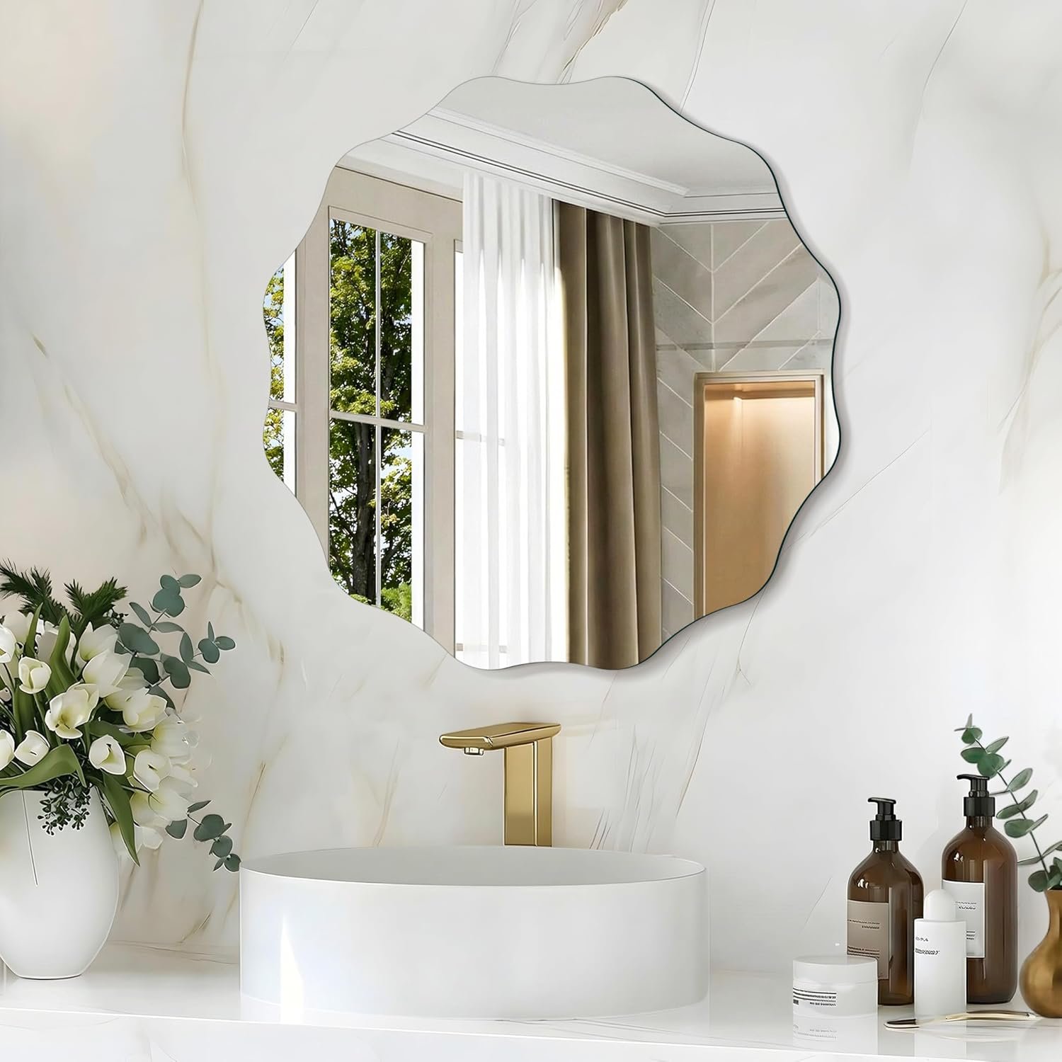 CILIBER Wavy Mirror for Wall, 18” Scalloped Frameless Round Mirror, 3mm Tempered Glass Decorative Bathroom Vanity Mirror, Mounting/Leaning for Mantel, Living Room, Bedroom and Entryway