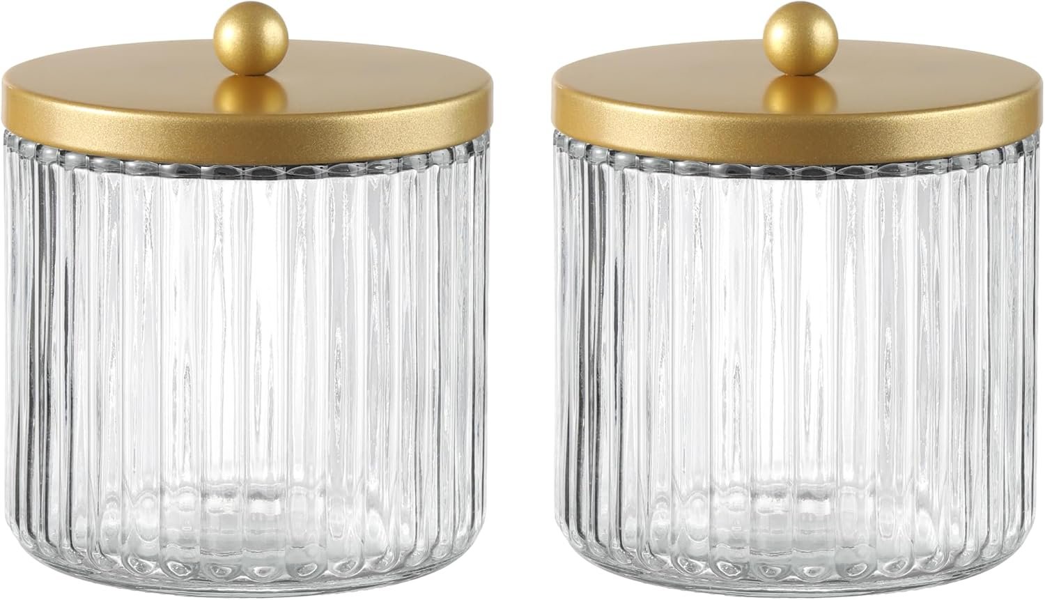 KMwares Matte Golden Yellow Set of 2 Glass Qtip Holder Dispenser Set for Cotton Ball, Swab, Round Pads, Floss Picks – Bathroom Canister Storage Organization and Vanity Makeup Organizer