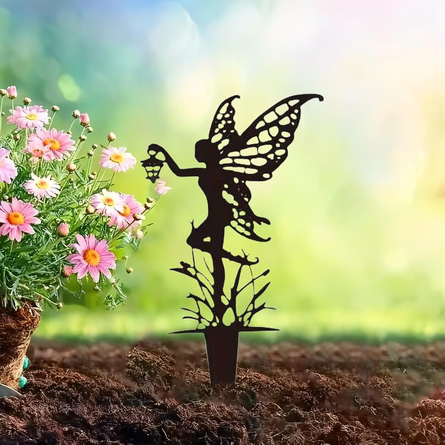Metal Garden Fairy Ground Statue 11.8 * 5.6 inches, Black, Suitable for Flower pots and Landscaping, Suitable for Yard and Lawn use.