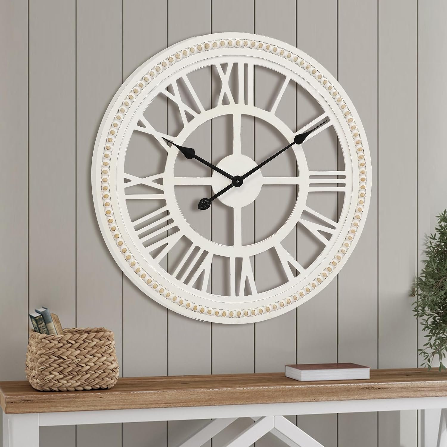 24″ Farmhouse Rustic White Wall Decor Clock, Boho Beaded Silent Non Ticking Clock with Roman Numerals for Living Room, Kitchen, Home, Office