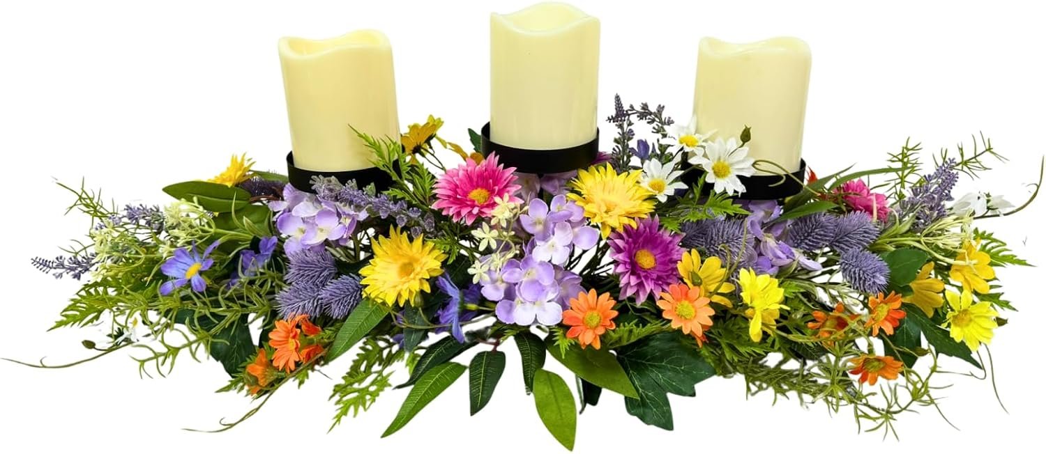 26″ Spring Summer Floral Candle Holder Centerpiece for Table Decor | Triple Candle Cups with Yellow Daisies, Purple Lavender Spikes and Greenery for Dining Table and Mantel Decor