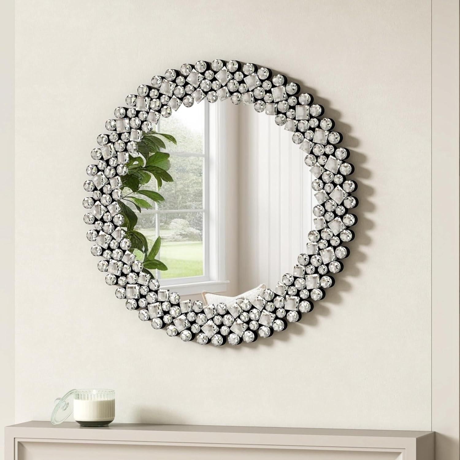 SHYFOY 18″ Round Mirrors for Wall Decor Crystal Decorative Mirrors Jeweled Accent Mirror for Living Room Silver Modern Mirror for Entryway Hallway