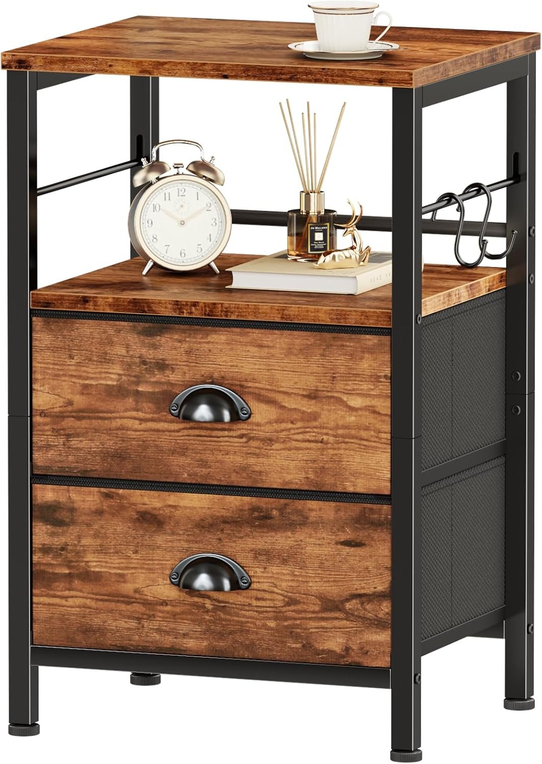 Furologee Nightstand with 2 Fabric Drawers, Night Stand with 2-Tier Shelf, Bedside Table with Hooks, Open Wooden Shelf, End Table for Bedroom, Backboard Design, Metal Frame, Rustic Brown