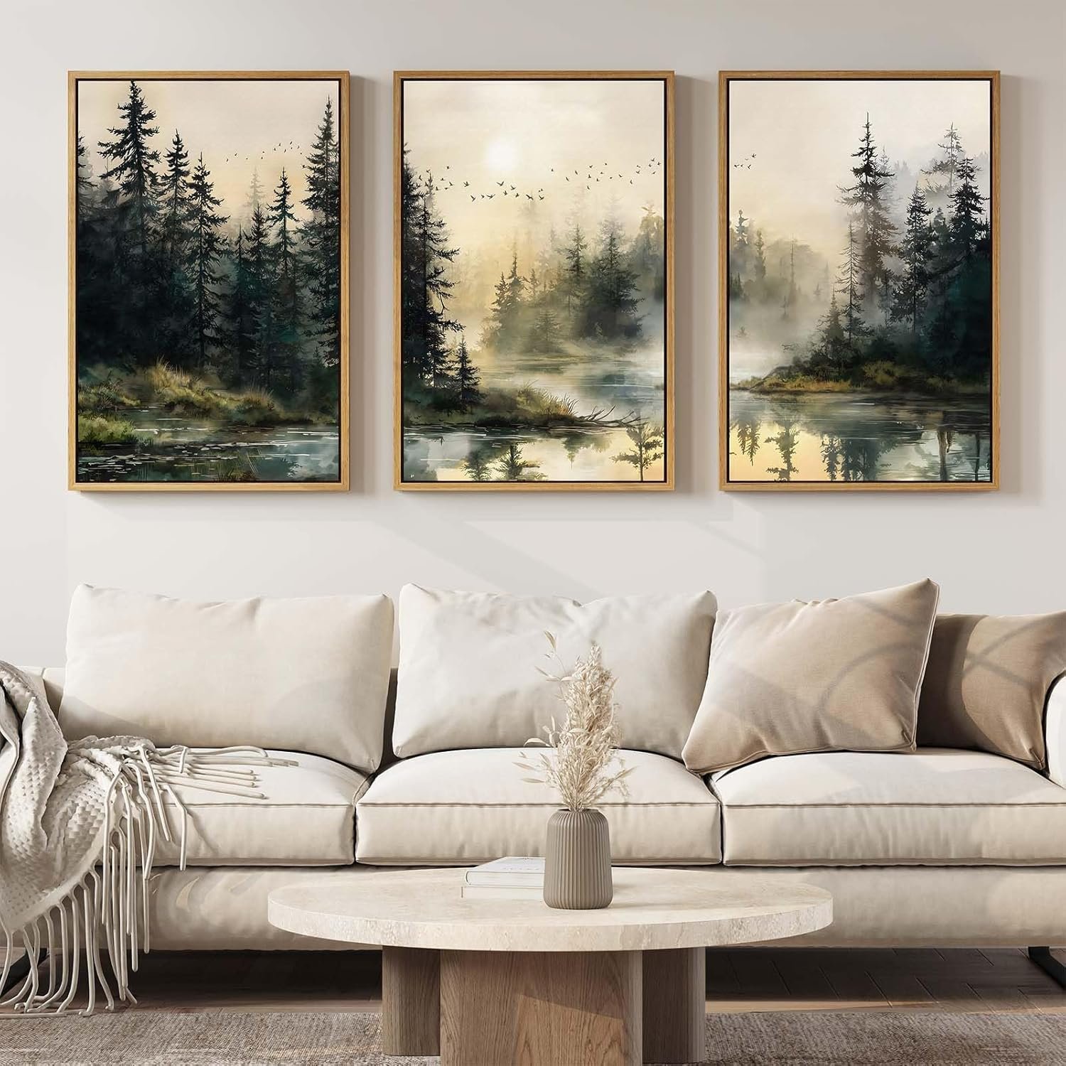 Framed Forest Landscape Wall Art for Living Room, Large 3 Piece Misty Pine Tree Nature Scenic Artwork for Walls, Rustic Woodland Sunset Canvas Painting Prints for Office Bedroom Wall Decor, 24×36 Inch
