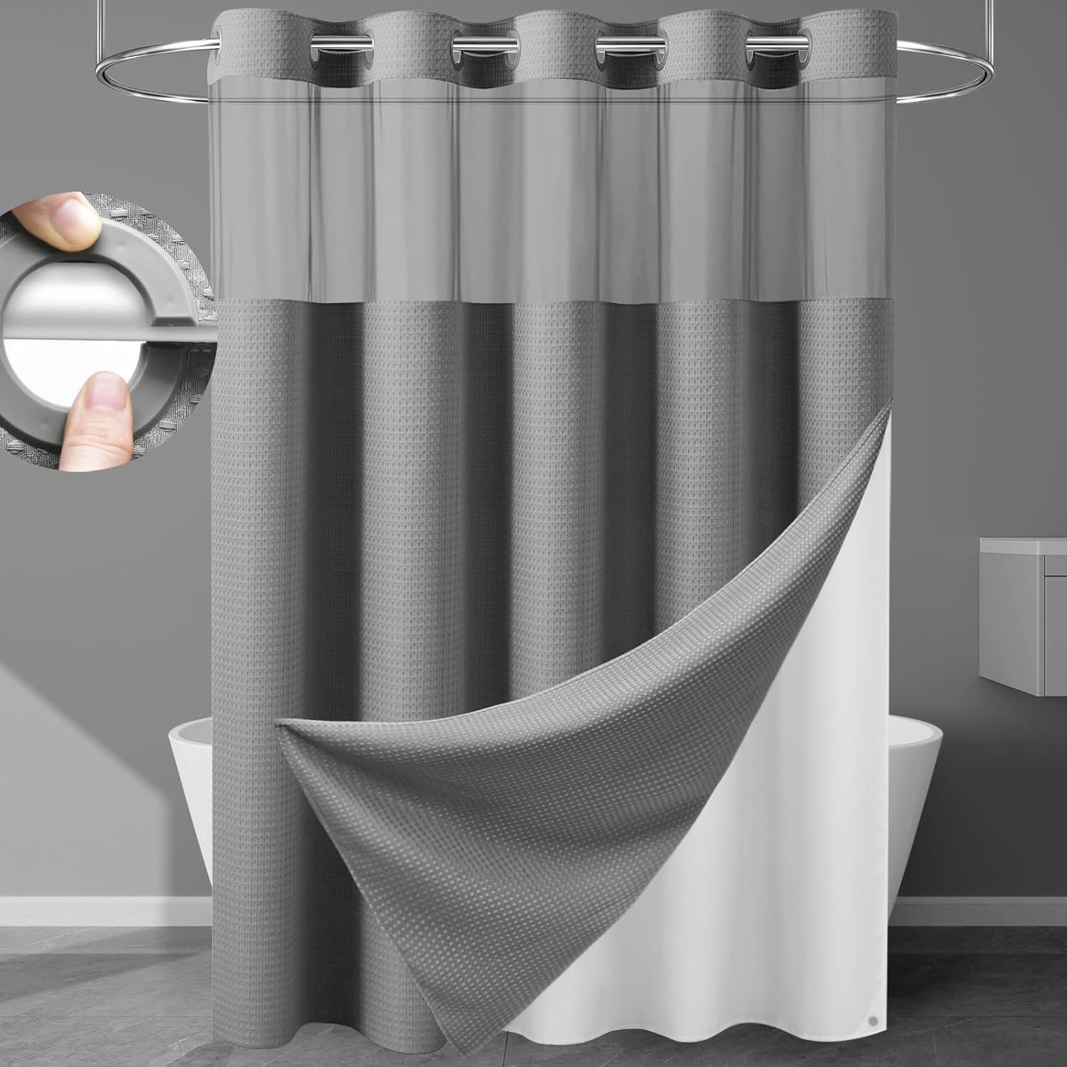 EUTXL 256GSM Heavyweight Waffle Weave Shower Curtain with Snap-in Liner, Extra Thick & Luxury Weighted Fabric Bath Curtain Set, 71W x 74H, Grey
