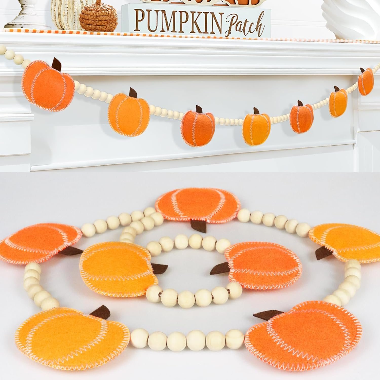 Fall Decorations for Home Pumpkin Garland, Adjustable Hanging Wood Bead Felt Pumpkins Garland, Fall Banner for Mantel Fireplace Indoor Room Office Table Wall Halloween Thanksgiving Farmhouse Decor