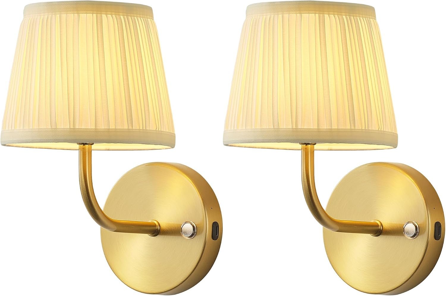 PUSU LED Cordless Gold H9.6 inch Small Wall Sconces Set of 2, Rechargeable 5200mAh Battery Operated Fabric Wall Lamp with Remote, Lighting for Living Room, Bedroom, Hallway, Bathroom, Stairs, Kitchen