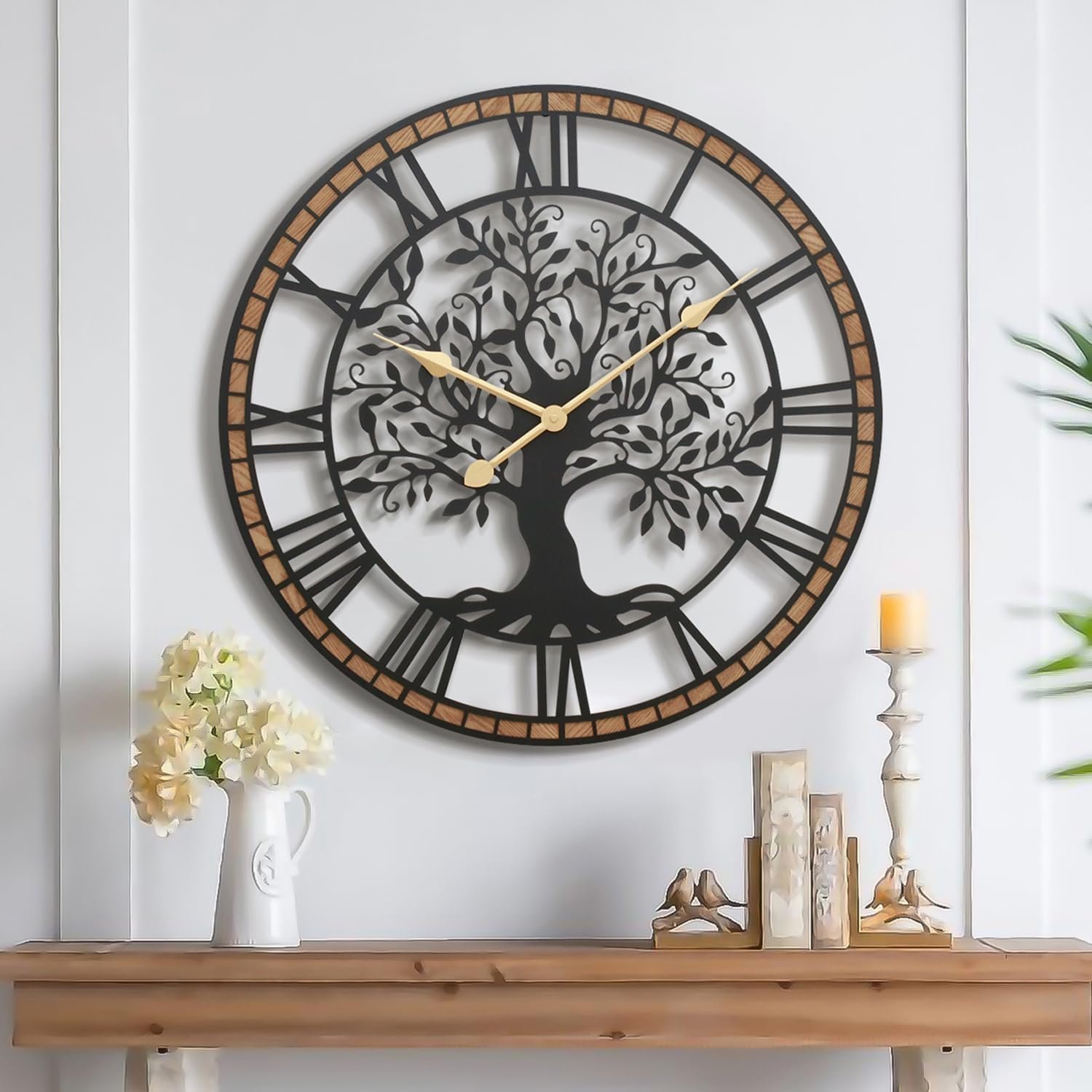 Micasso Farmhouse Large Wall Clock: 24Inch Rustic Tree of Life Metal with Wood Frame – Vintage Battery Operated Wall Clocks for Living Room/Home Office/Bedroom – Home Decor for Fashion-Conscious