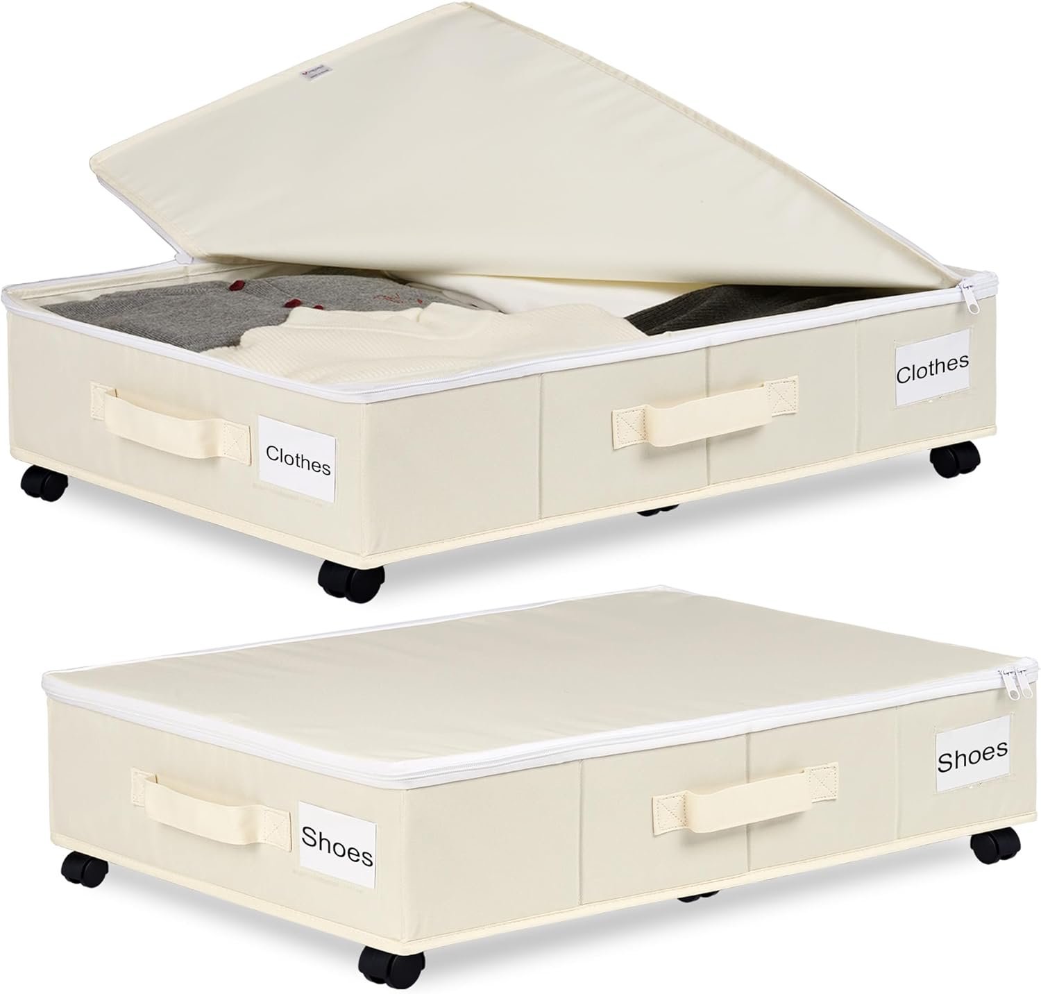 Vincona Under Bed Storage with Wheels, 2 Pack Under Bed Storage Containers with Label Holders for Clothes, Shoes and Blankets, Rolling Underbed Shoe Organizer with Cover, Beige (30.71×15.7×7.28 in)