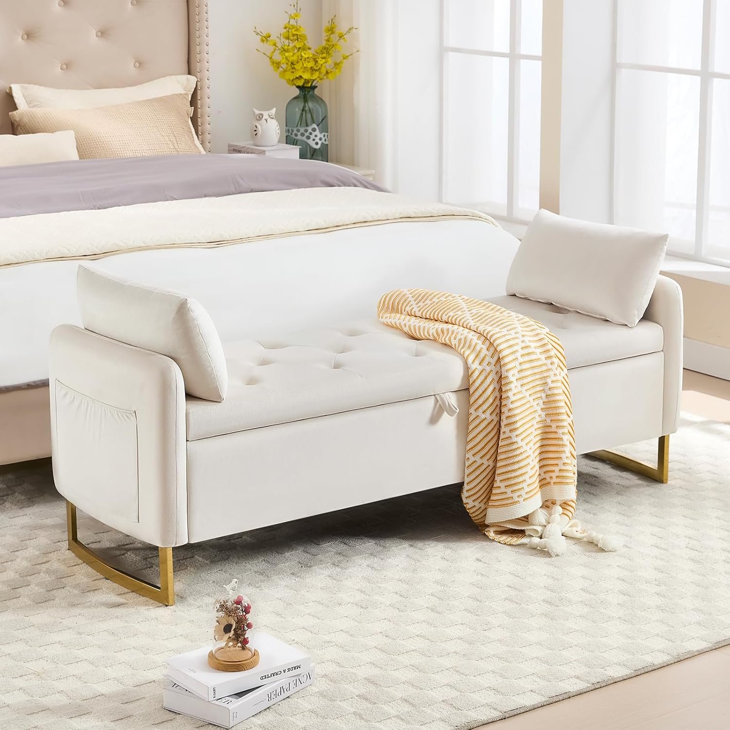 65″ End of Bed Storage Bench, Velvet Storage Bench for Bedroom, Bed Bench with Storage, Tufted Upholstered and Gold Legs, Bedroom Benches with Arms for Living Room Window and Entryway Beige