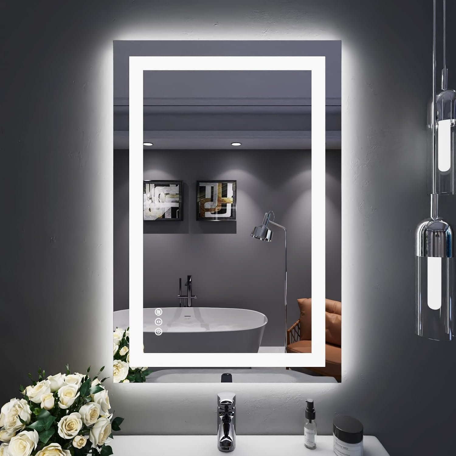 LOAAO 24″X36″ LED Bathroom Mirror with Lights, Anti-Fog, Dimmable, Backlit + Front Lit, Lighted Bathroom Vanity Mirror for Wall, Memory Function, Tempered Glass, Safe to Use, ETL Listed