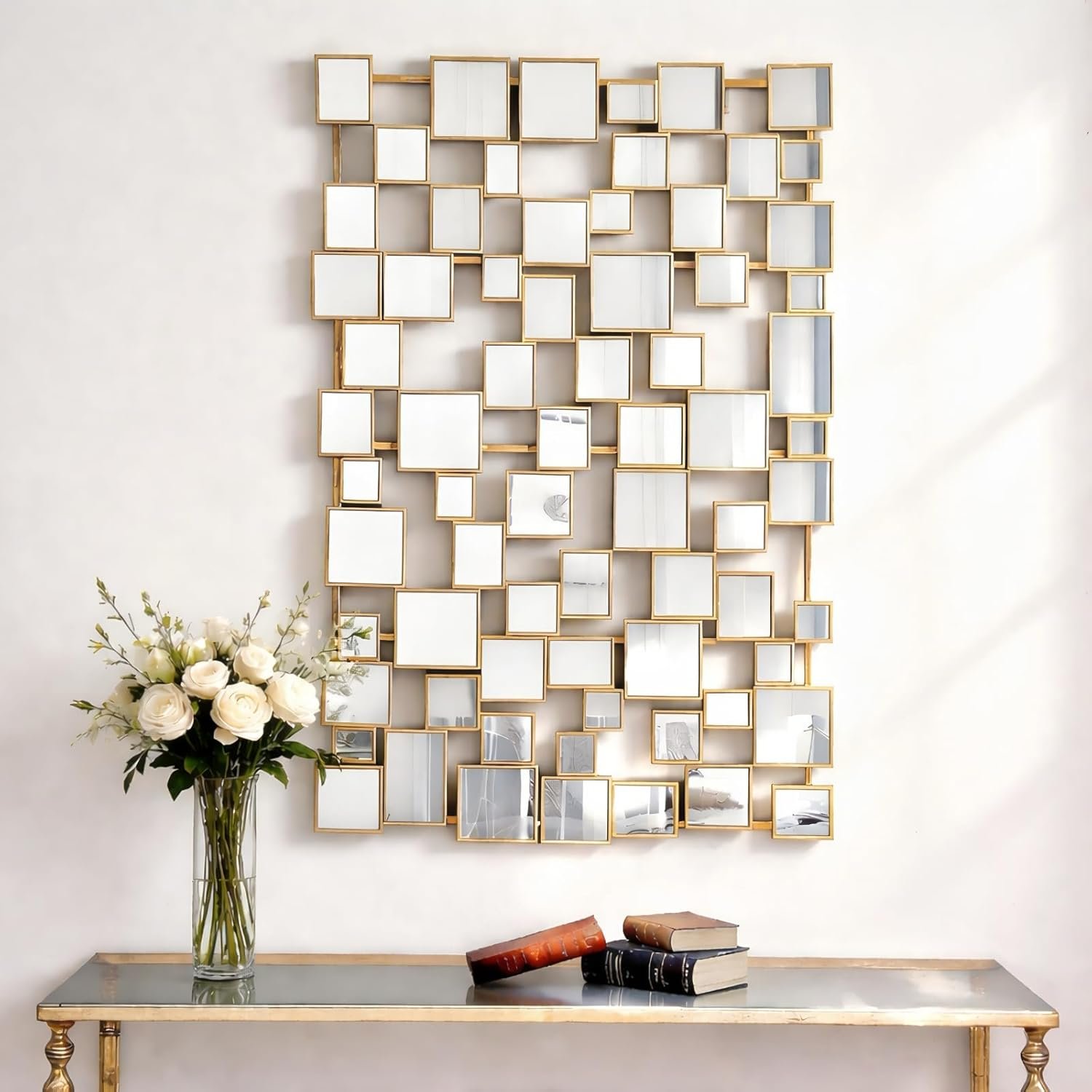 Gold Modern Wall Mirror – 45″×30″ Large Metal Framed Decorative Mirror, Unique Mosaic Design Wall Mirrors for Living Room Entryway Hallway Home Art Decor