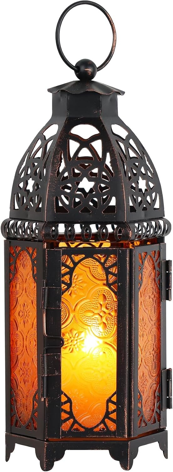 NEEDOMO 11” Moroccan Lanterns Decorative Indoor & Outdoor, Vintage Christmas Candle Holder, Metal Lanterns Decorative, Table, Patio, Porch, Shelf, Christmas Spring Halloween Home Decor (Amber)