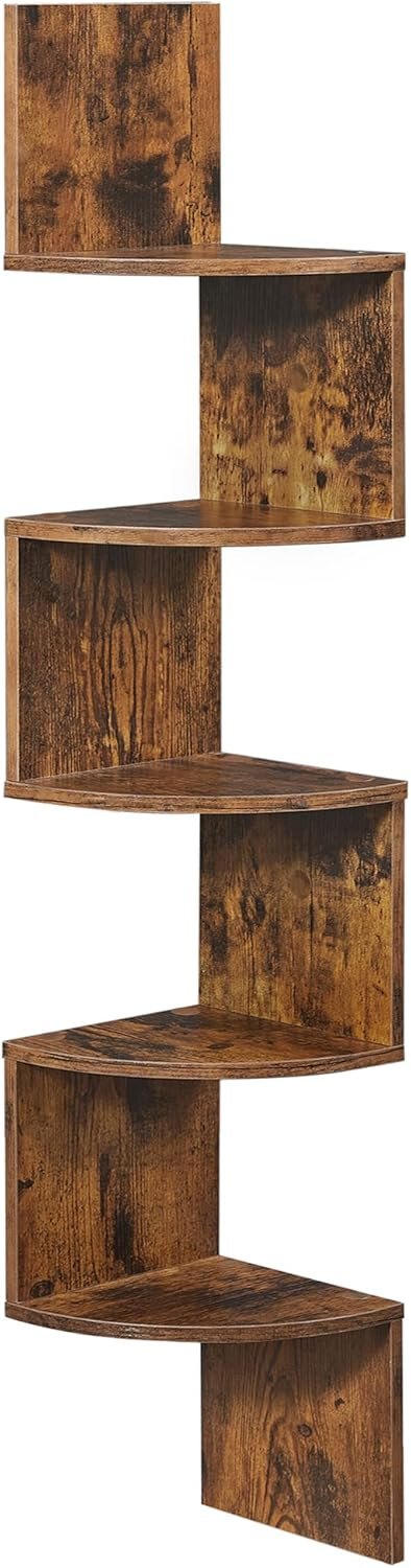VASAGLE Custos Collection – Corner Shelf Wall Mount, 5-Tier Floating Corner Bookshelf, Plant Shelf for Bedroom, Living Room, Bathroom, Home Office, Rustic Brown ULBC72BX