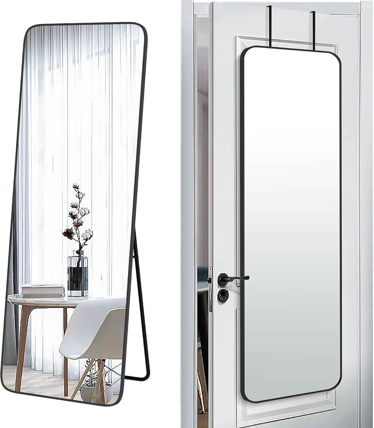 SCWF-GZ 57×20 Full Length Mirror Over The Door Hanging, Floor Stand/Wall Mounted Aluminum Alloy Frame Dressing Mirror for Bedroom Living Room 57 inch Black